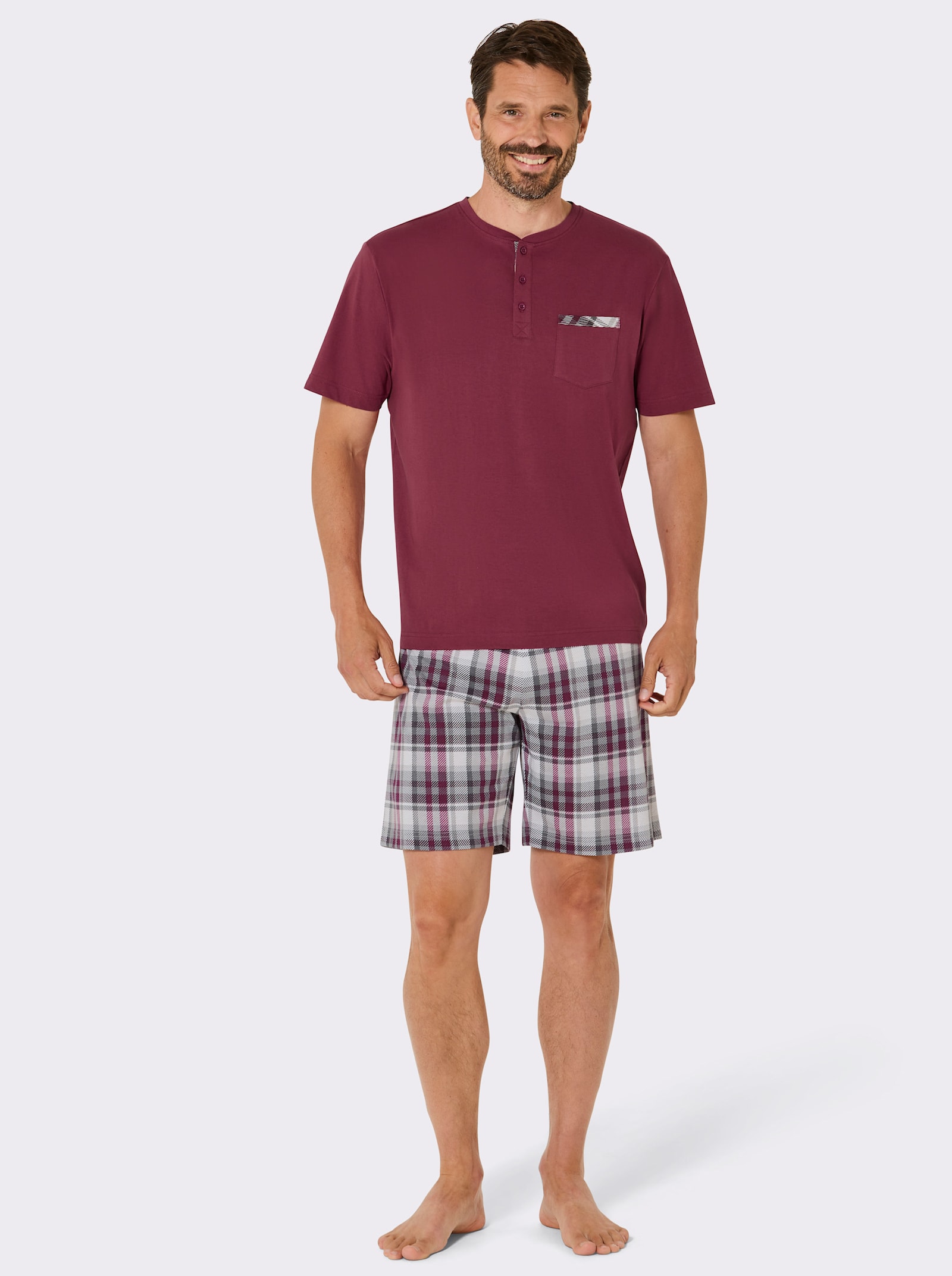 wäschepur men Shorty mit karierter Hose - bordeaux-steingrau-bedruckt