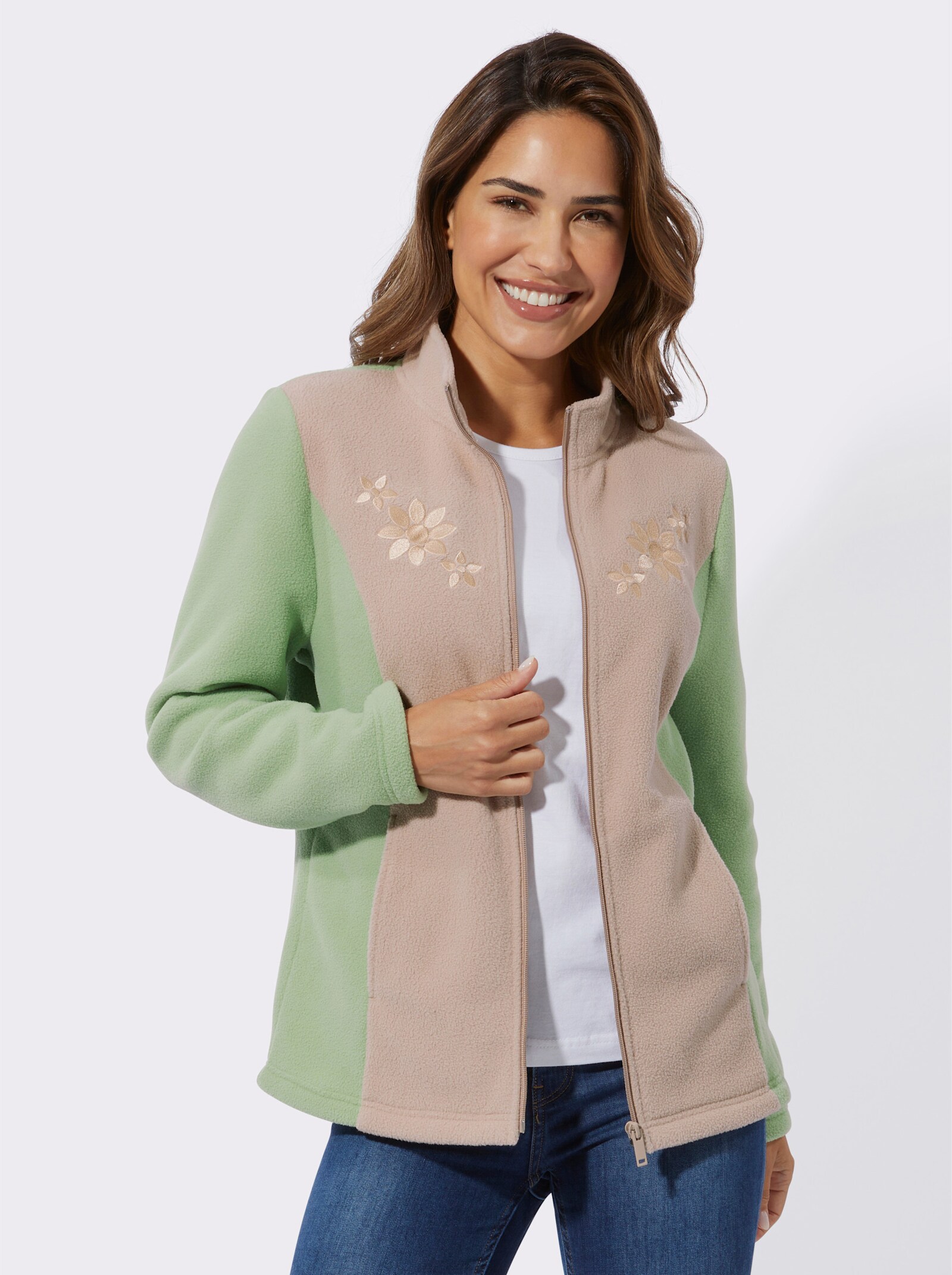 Fleecejack met folkloreborduursel - eucalyptus/sesam