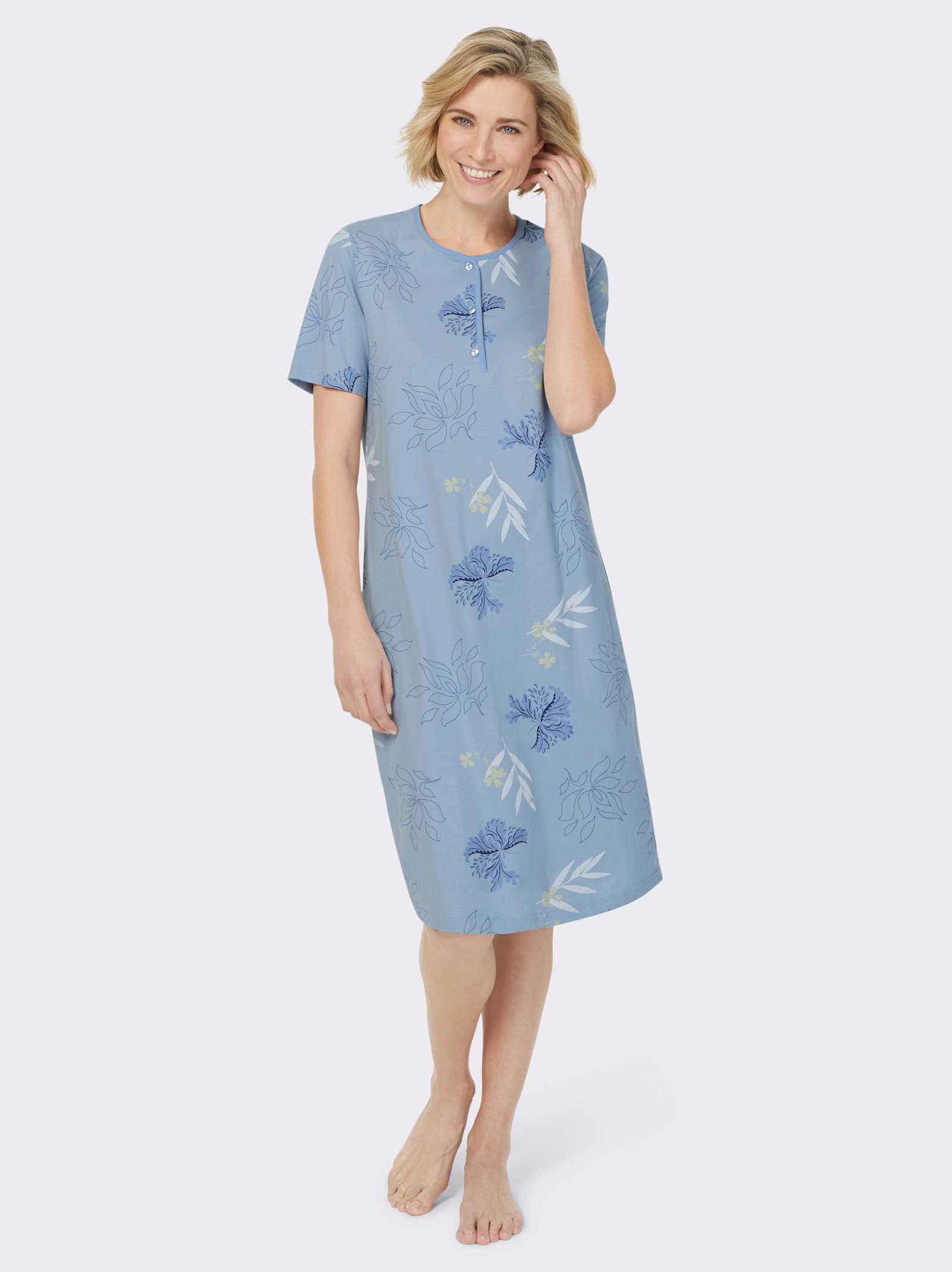 Ascafa Nachthemden im Doppelpack, floraler Print - hellblau + hellblau-bedruckt