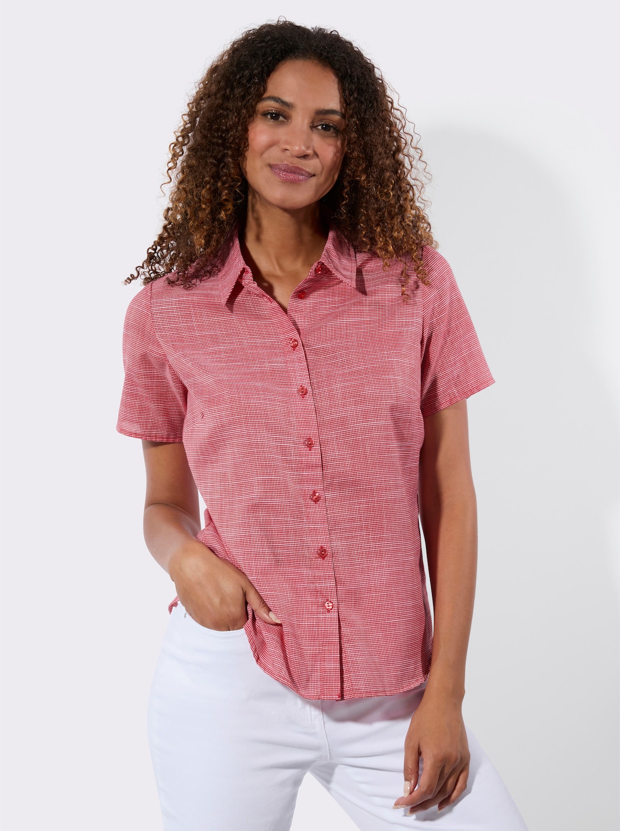 Kurzarm-Bluse - erdbeere-weiß-gemustert