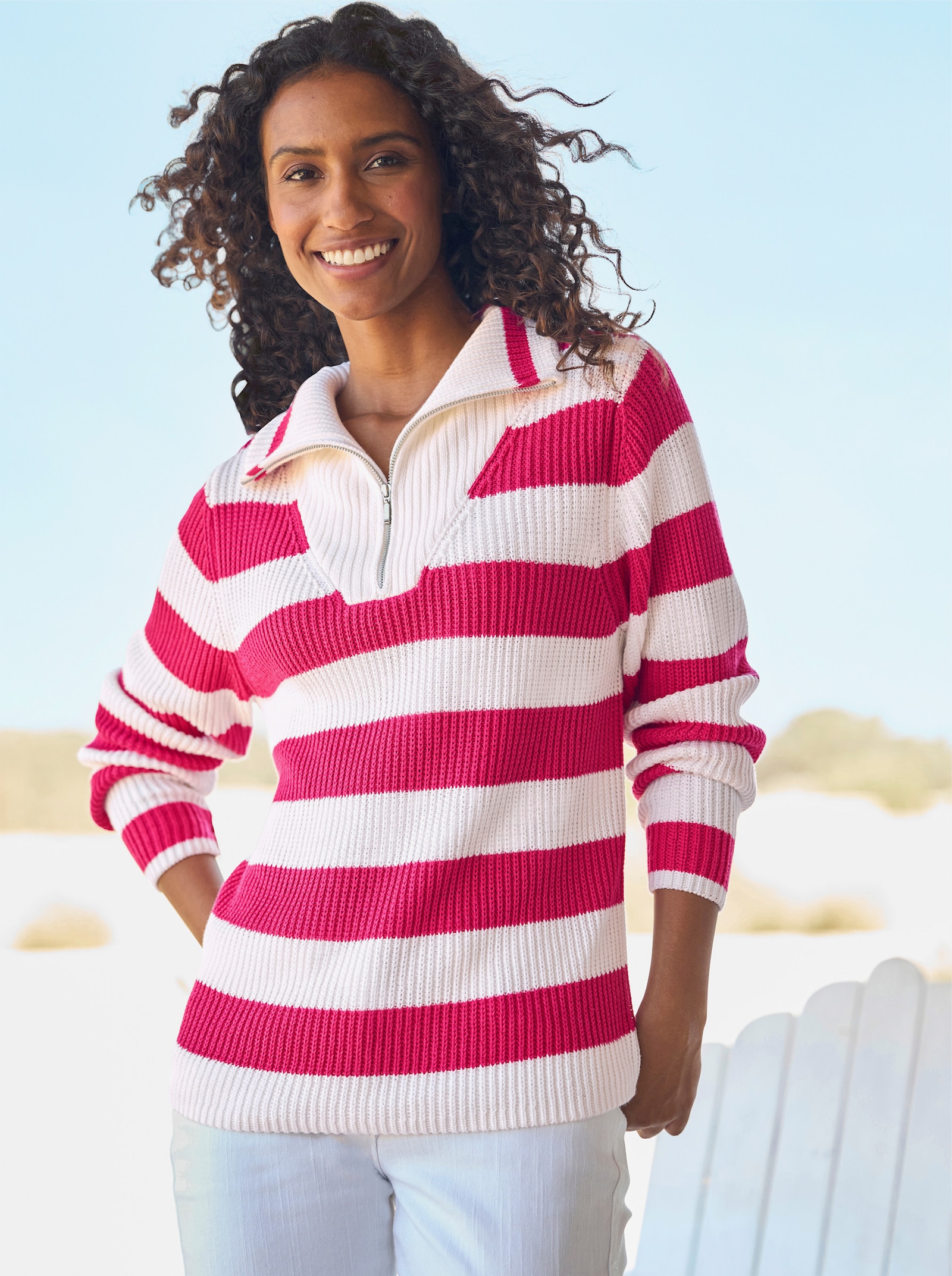 heine Schipperstrui van ribtricot - roze-ecru gestreept