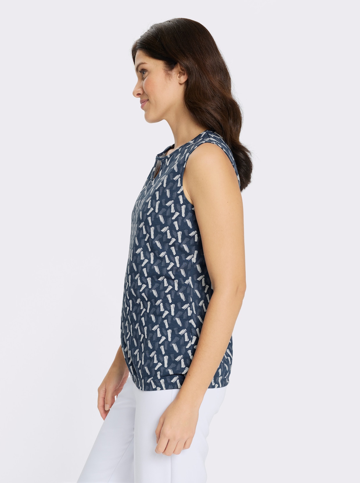 Shirttop mit elastischem Saum - dunkelblau-ecru-bedruckt