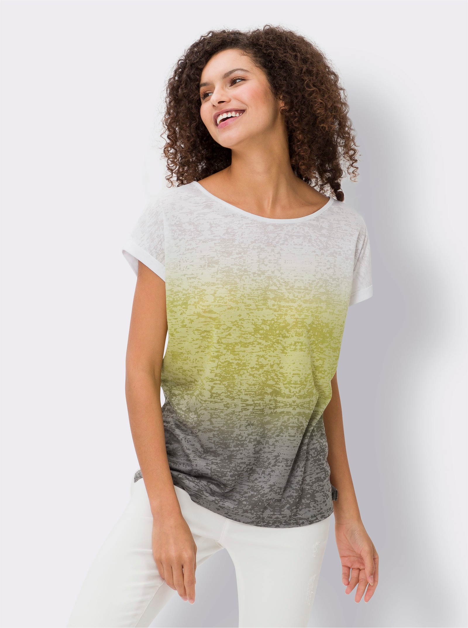 heine Rundhalsshirt mit Seitenschlitzen - ecru-khaki-gemustert