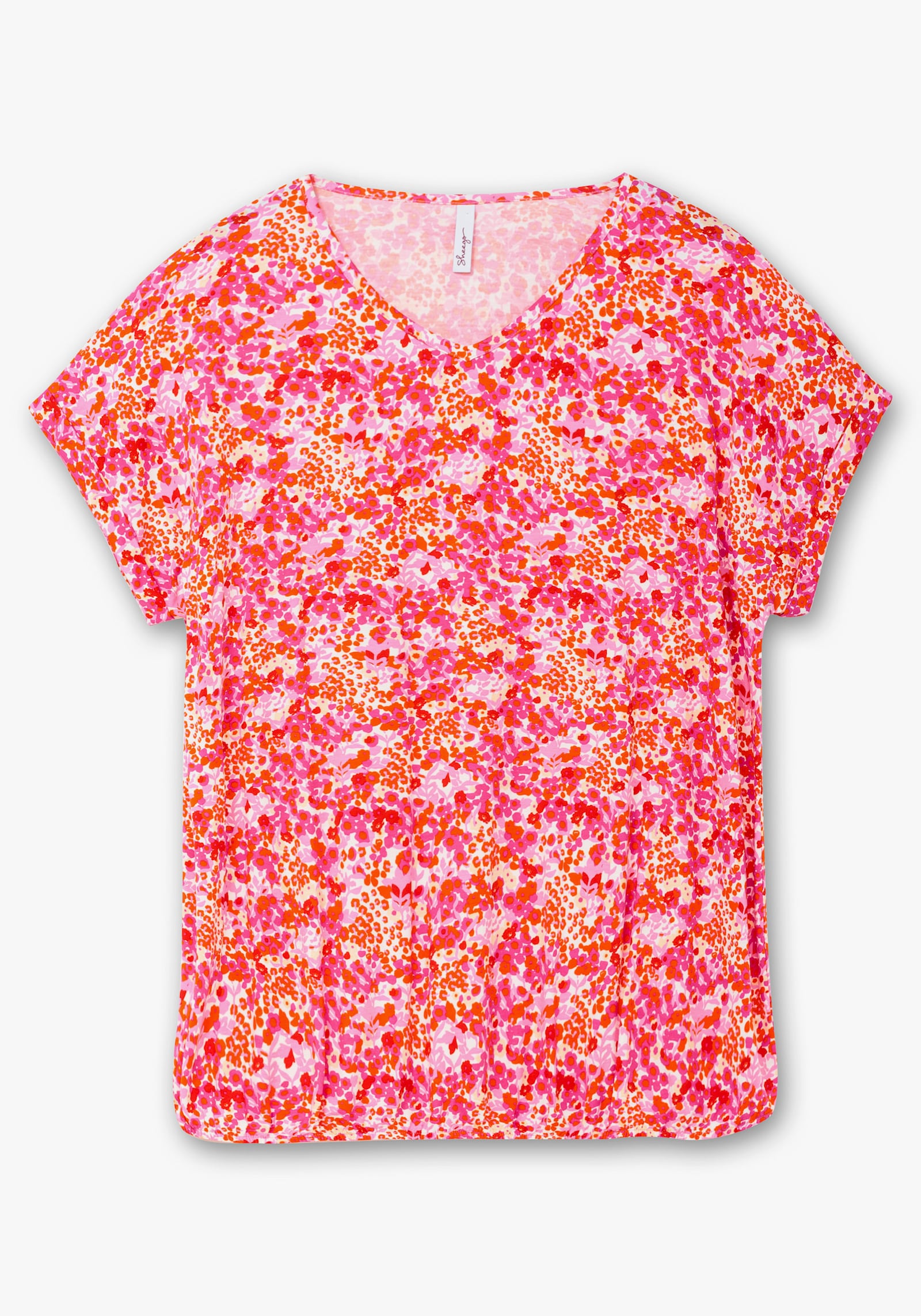 sheego T-Shirt mit Blumendruck und Saum-Gummizug - fuchsia-gemustert
