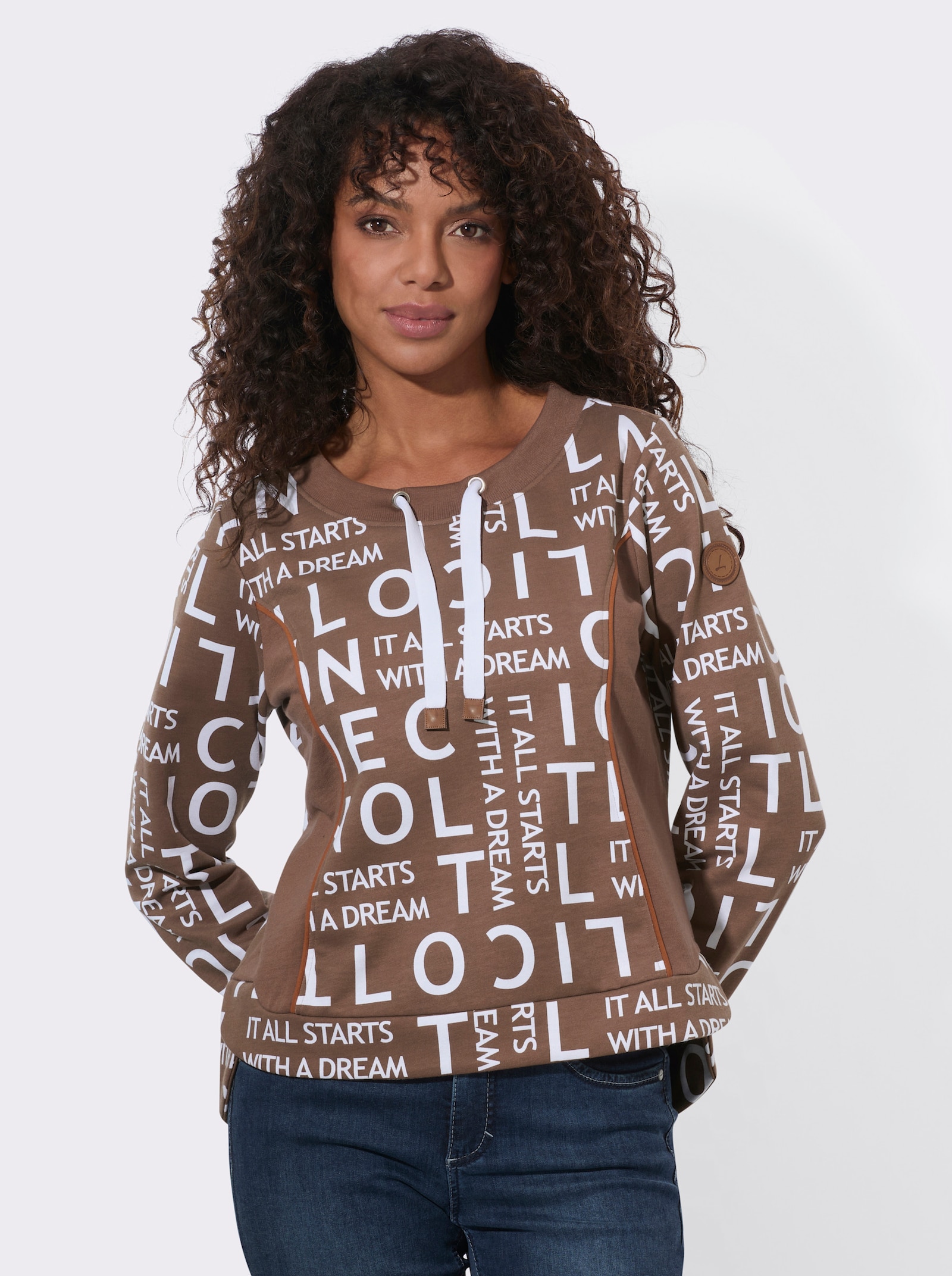 Sweatshirt mit angerautem Innenteil - braun-weiß-bedruckt