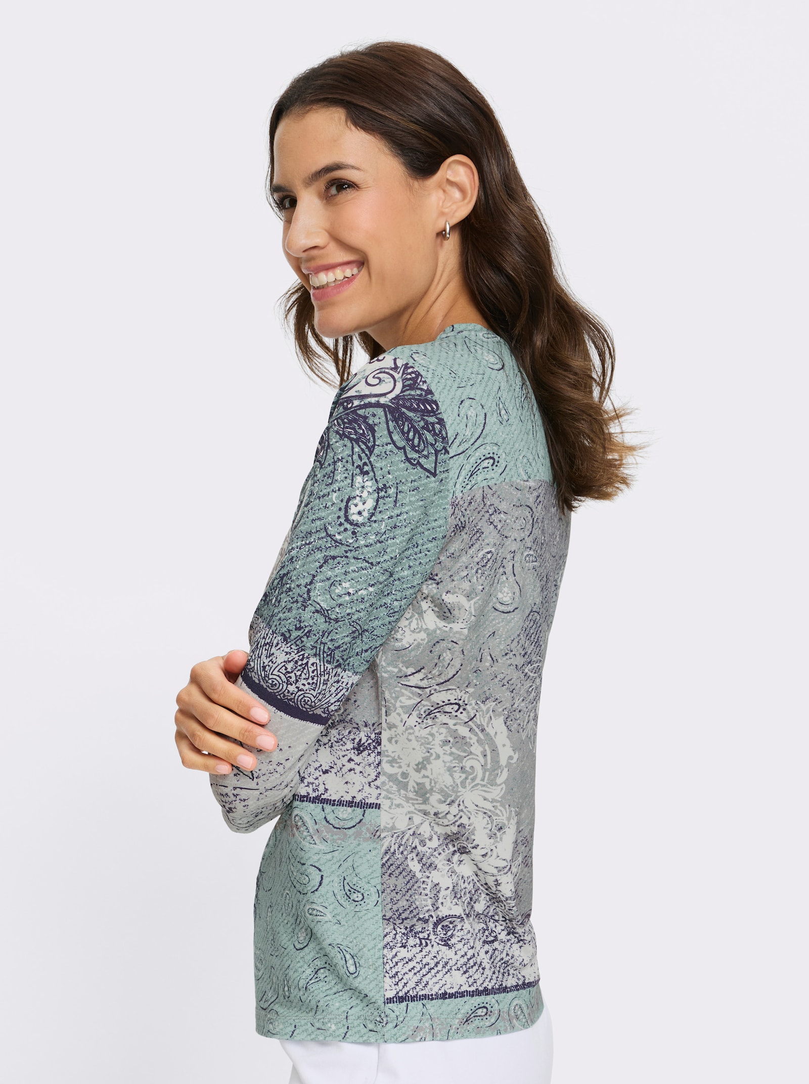 3/4-Arm-Shirt in Patchwork-Dessin - kalkmint-weiß-bedruckt