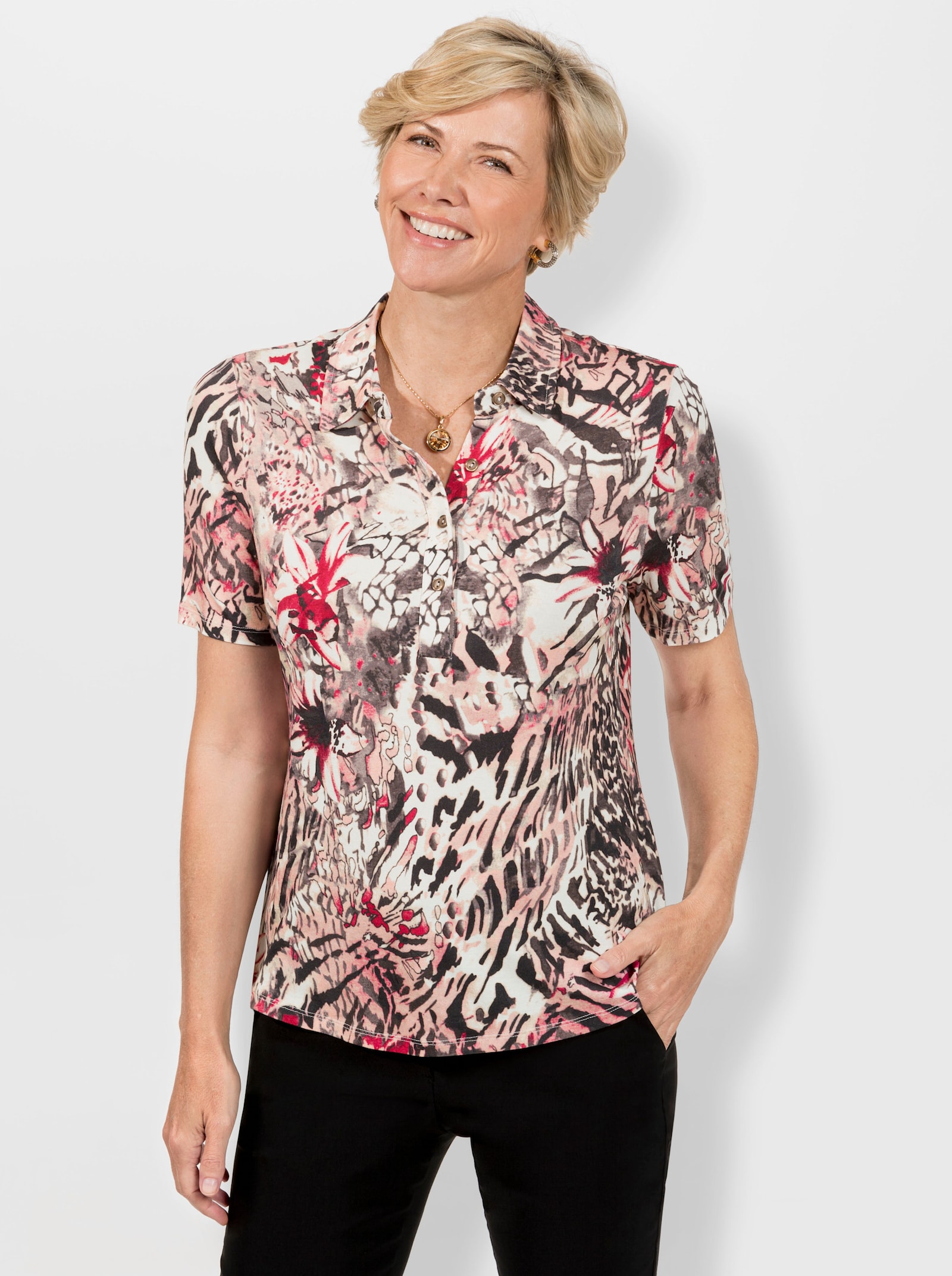 Poloshirt met knoopsluiting - rozenkwarts/taupe bedrukt