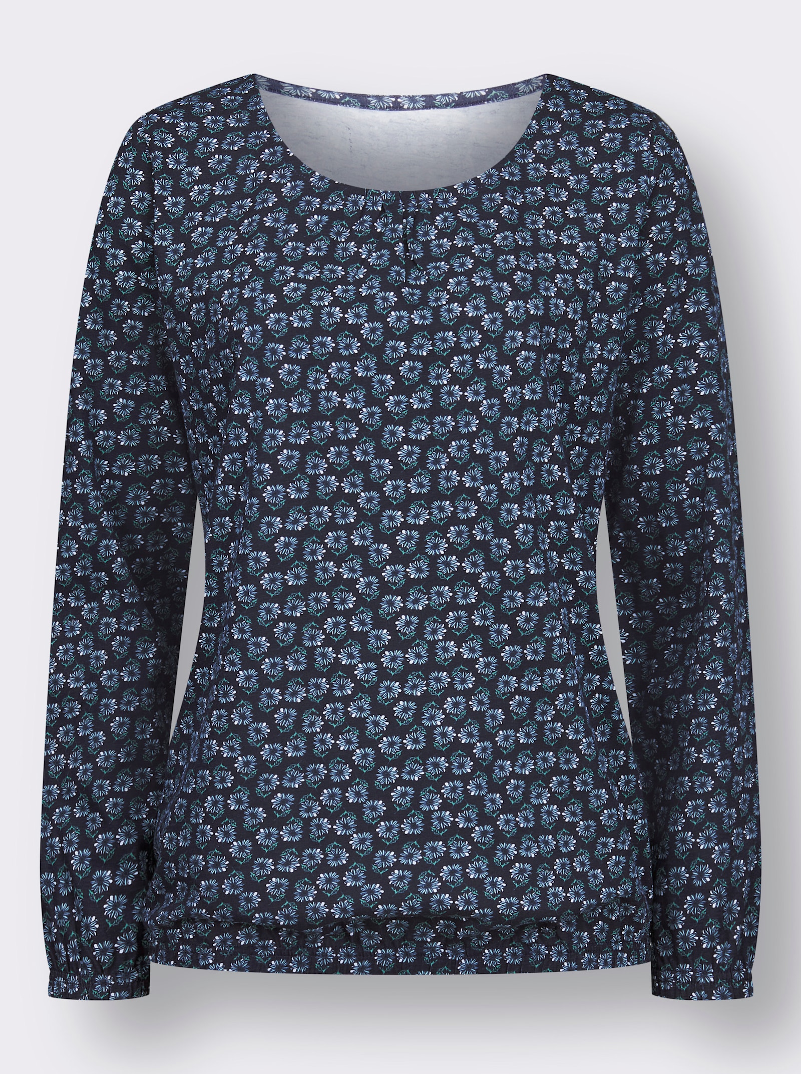 Rundhalsshirt mit Gummibündchen am Ärmel - nachtblau-salbei-bedruckt