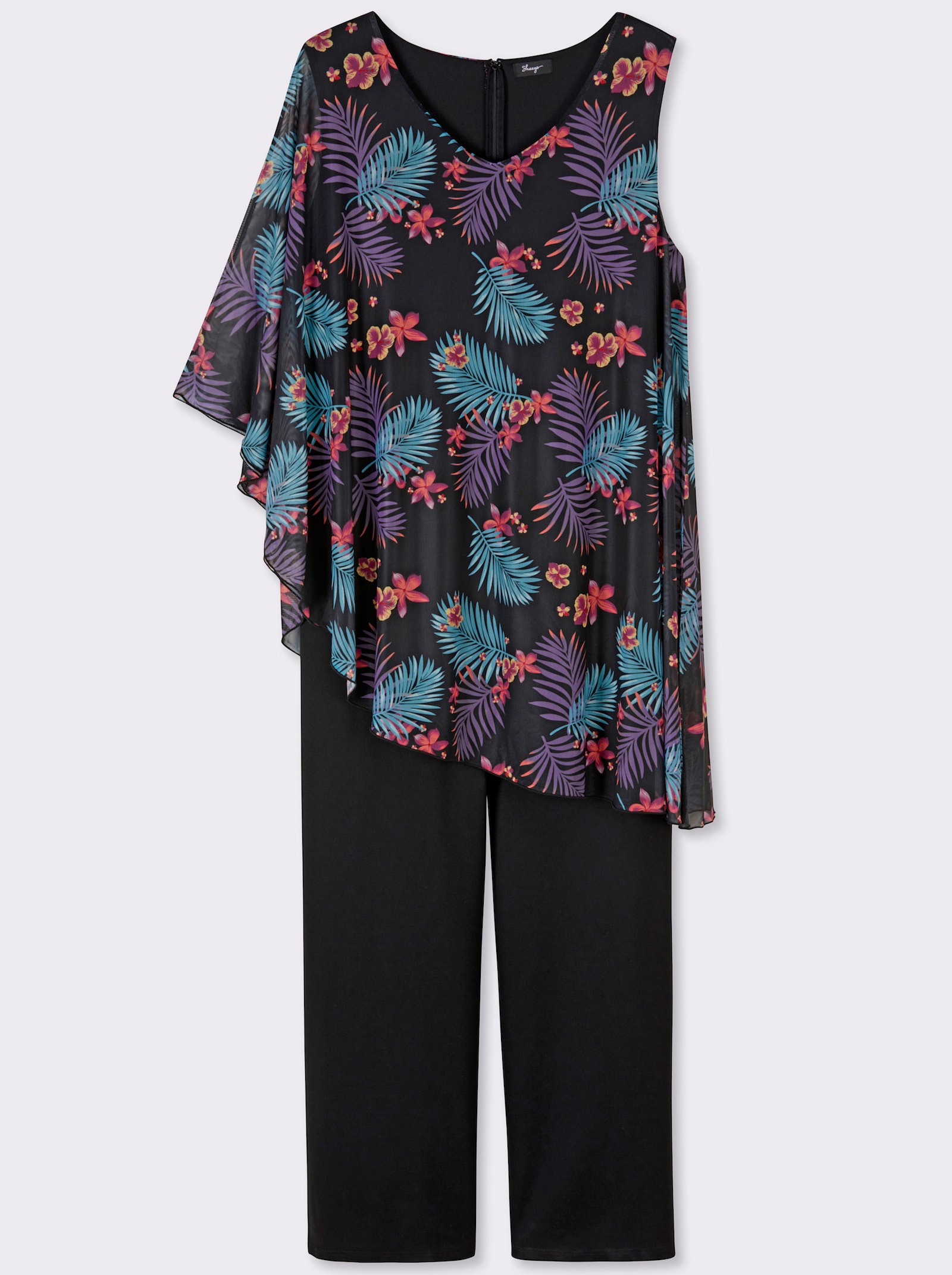 sheego Jumpsuit mit asymmetrischem Cape - schwarz-erdbeere-bedruckt