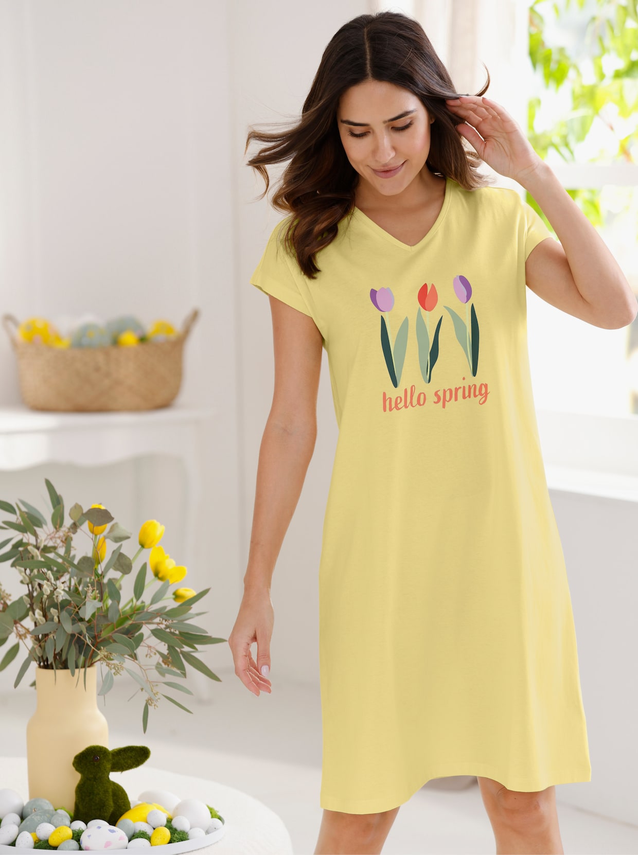 Nattlinne med placerat tulpantryck - citron