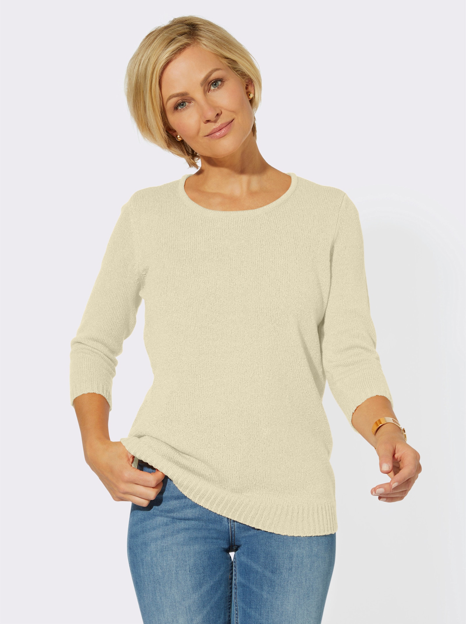 Bouclé-Pullover mit 3/4-Ärmeln - wollweiß