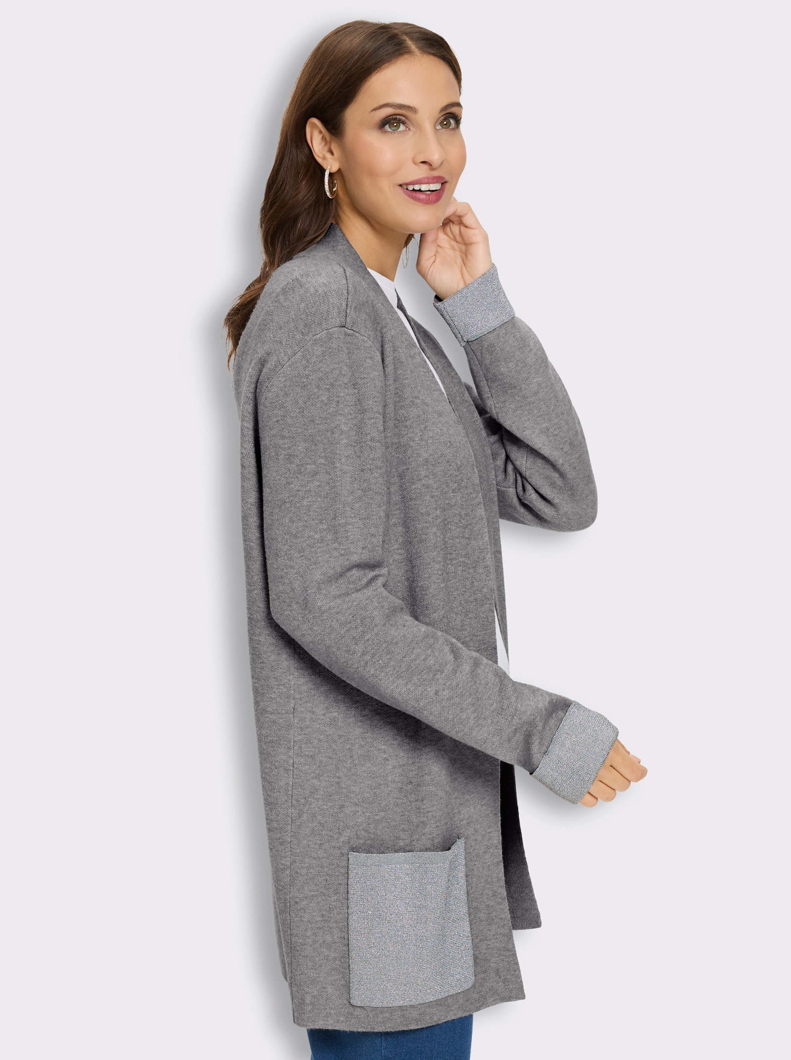 Longstrickjacke mit Glanzgarn-Details - steingrau-meliert