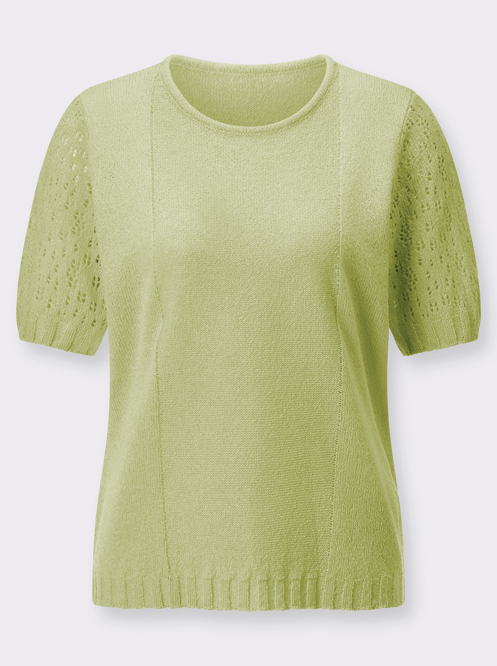 Bouclé-Pullover mit Ajourmuster-Ärmeln - lindgrün