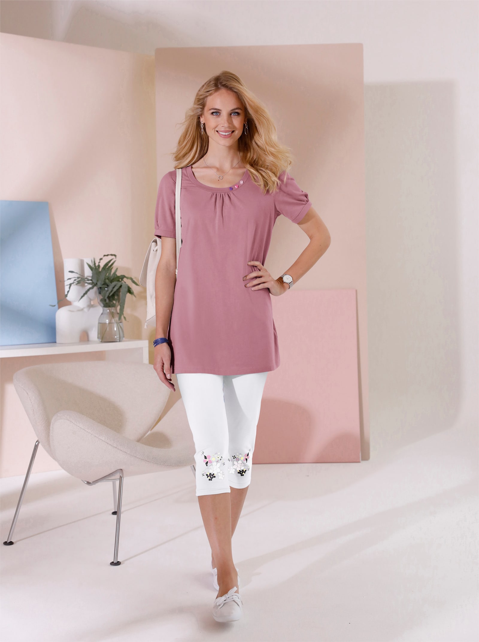 Longshirt mit gerafftem Ausschnitt - altrosa
