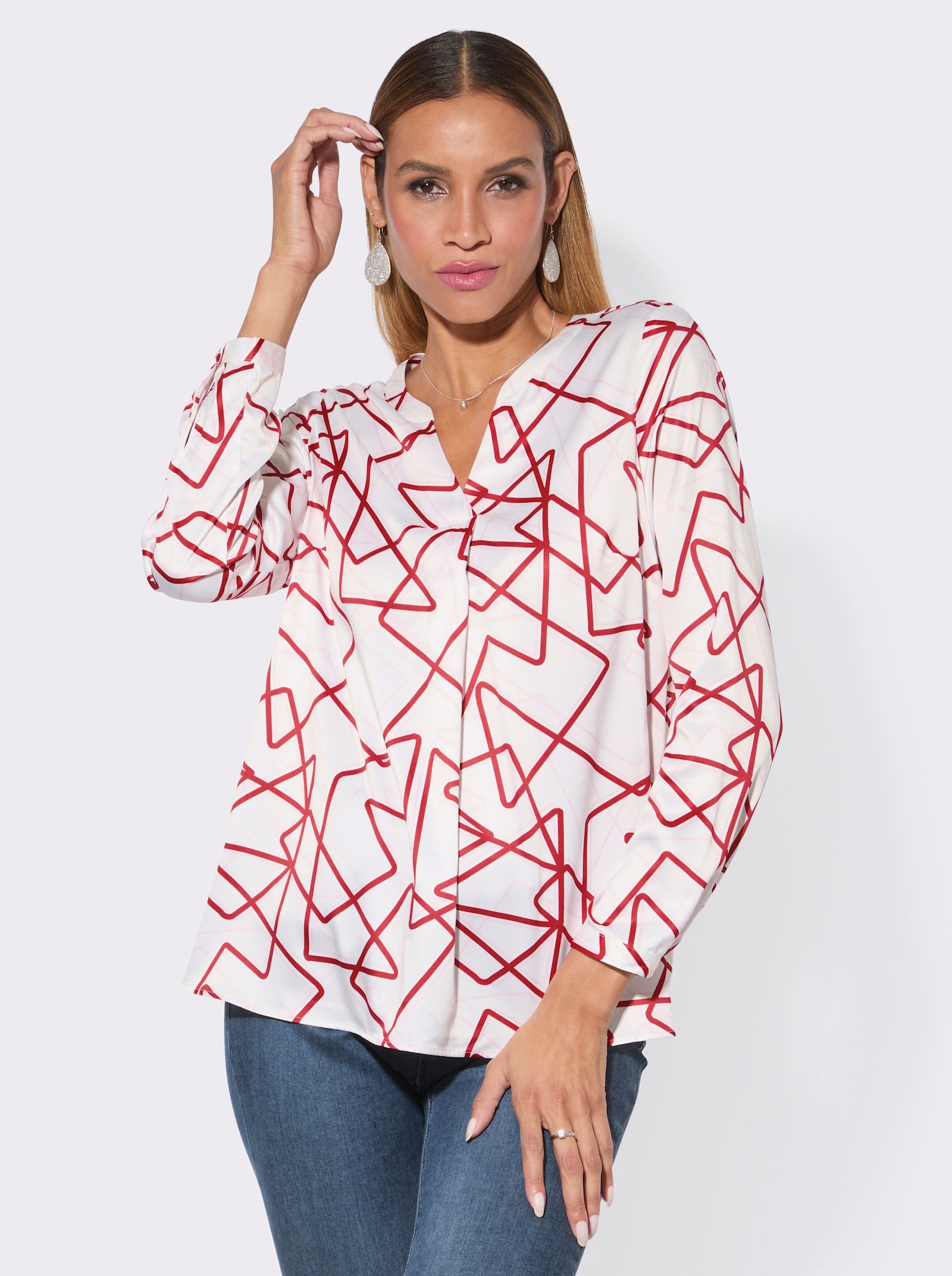 Druckbluse aus Matt-Satin - weiß-rot-bedruckt