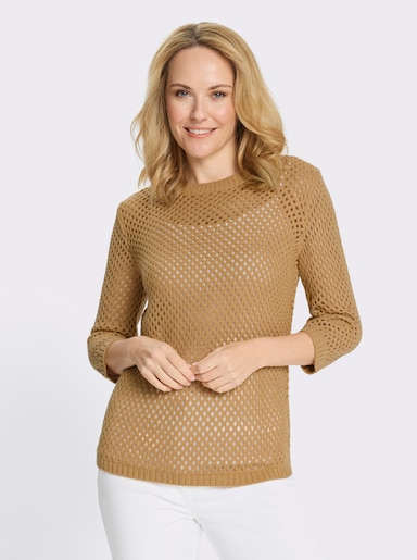 Ajourpullover mit gerippten Bündchen - camel