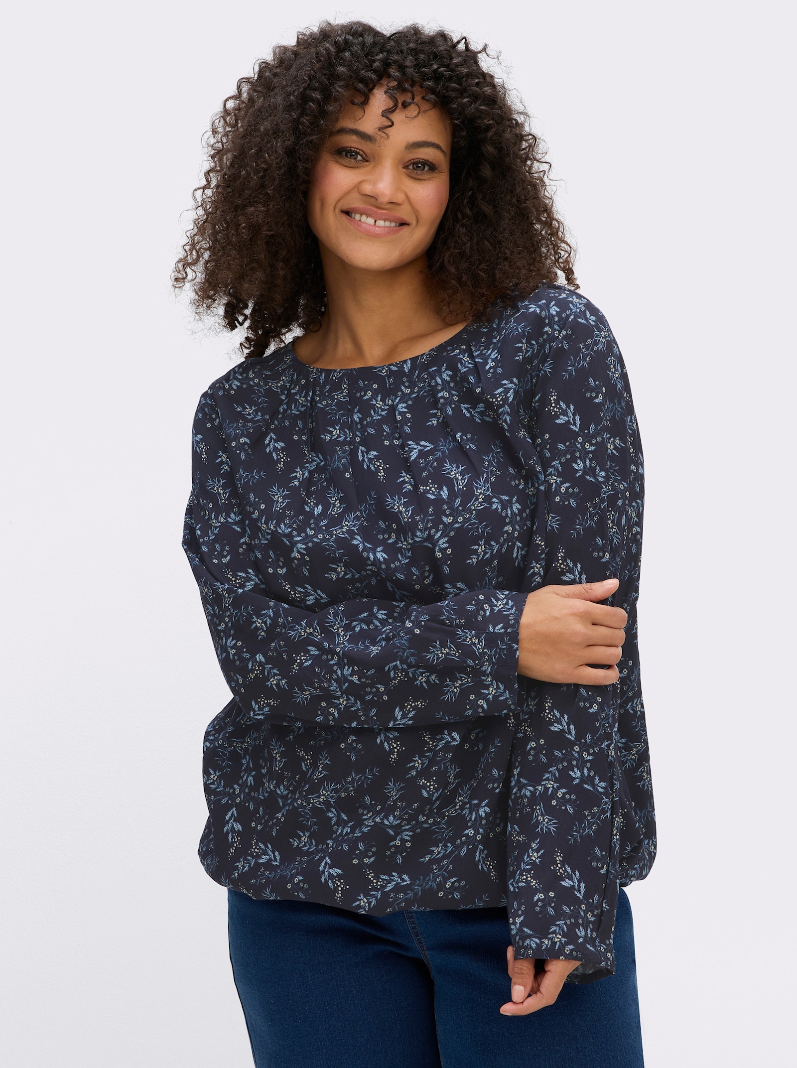 sheego Tunika mit Blumenprint und Gummizugsaum - tiefblau-eisblau-bedruckt