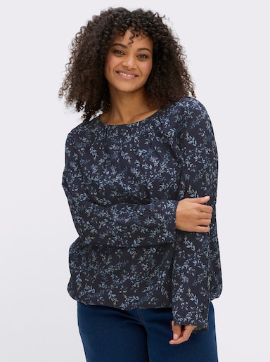 sheego Tunika mit Blumenprint und Gummizugsaum - tiefblau-eisblau-bedruckt