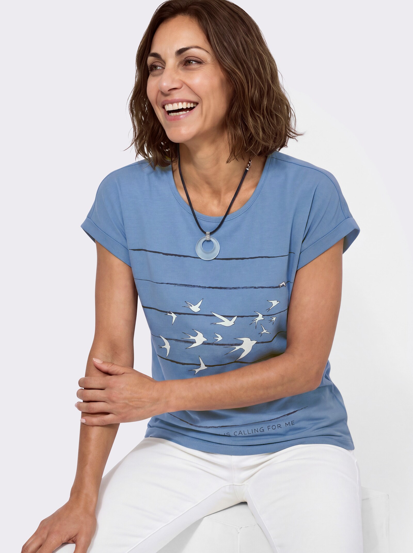 Print-Shirt mit überschnittenen Schultern - mittelblau-marine-bedruckt