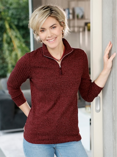 Rippshirt mit Troyerkragen - dunkelrot-meliert
