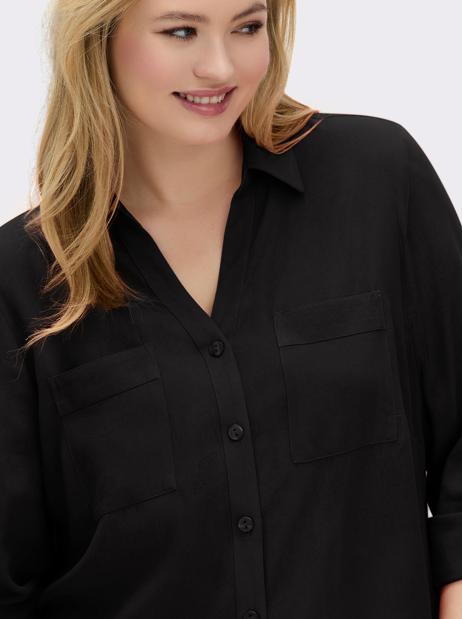 sheego Hemdbluse mit Krempelärmeln - schwarz