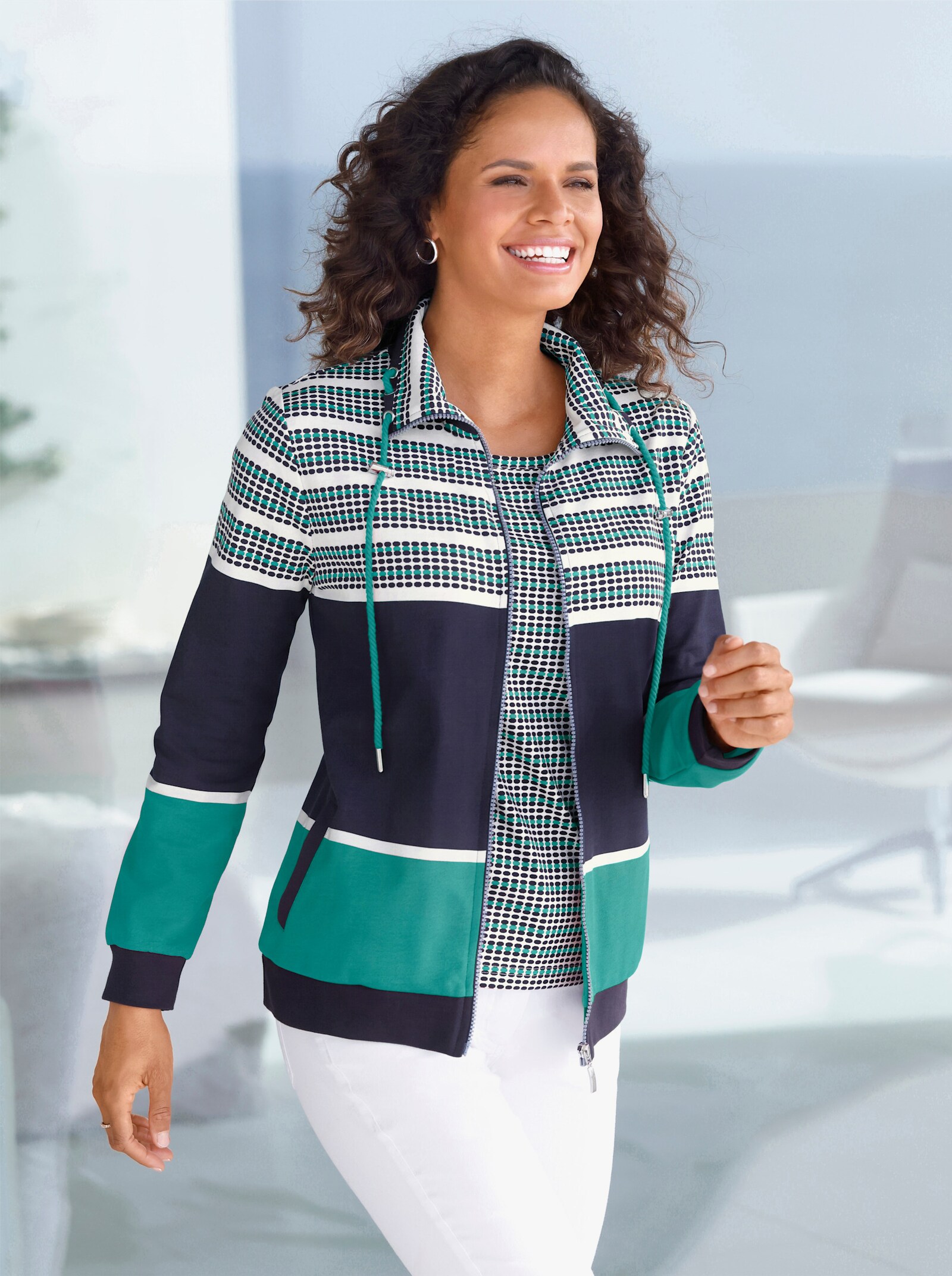 Sweatjacke im Muster-Mix - marine-smaragd