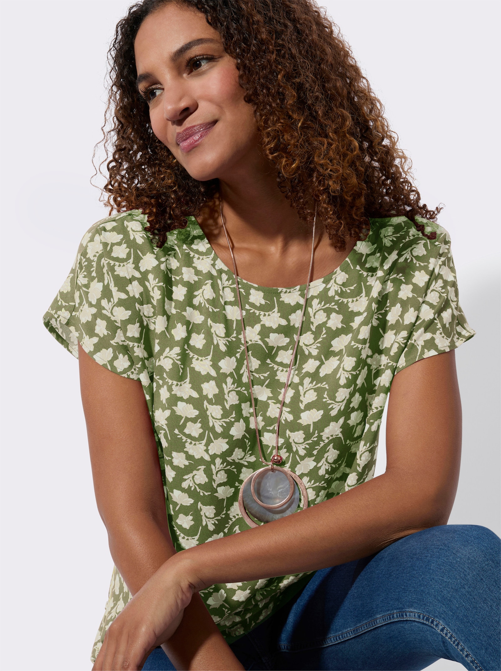 Blouseshirt met bloemdessin - kaki/wit geprint