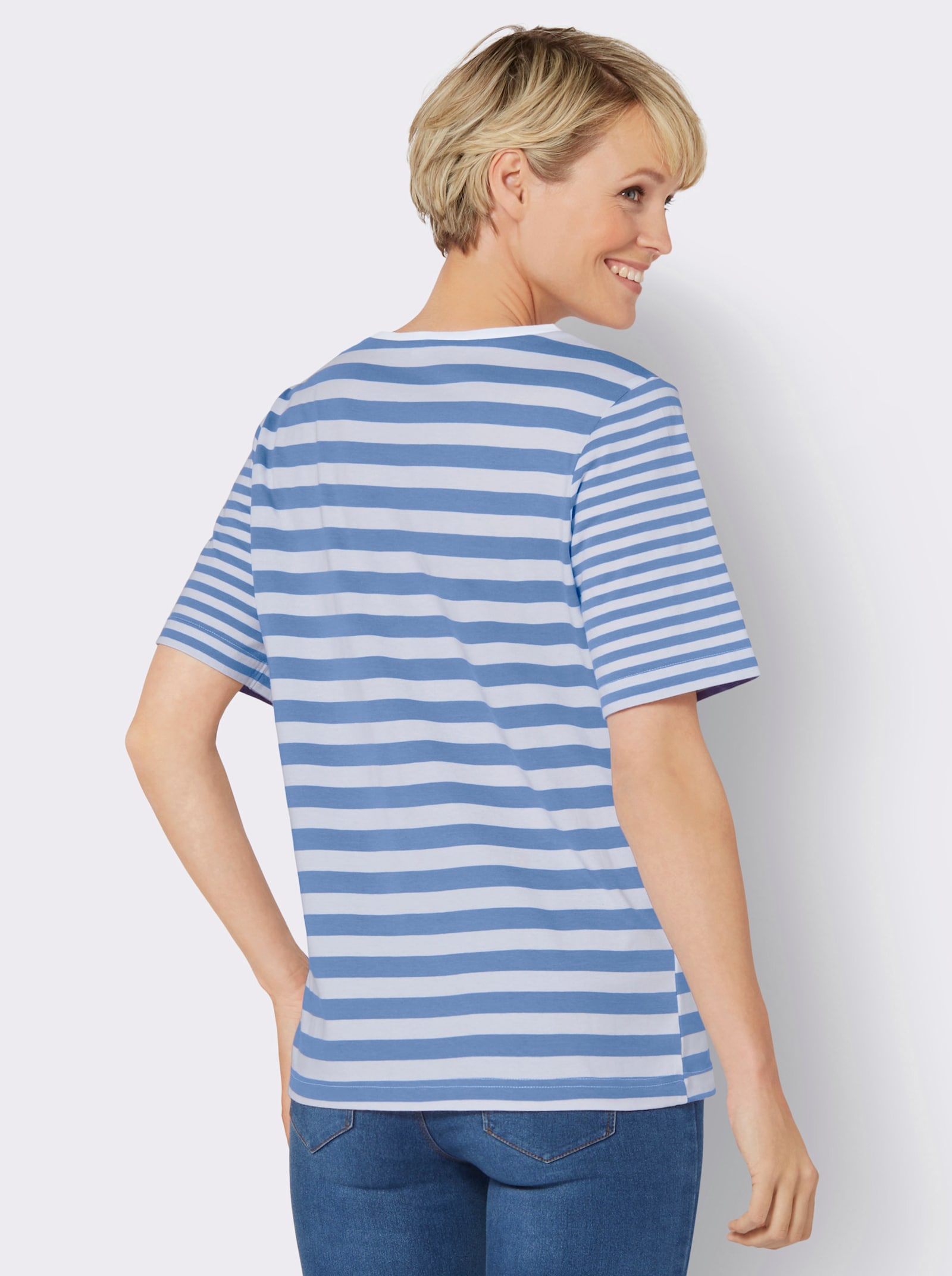 Kurzarmshirt , hochwertig garngefärbt - himmelblau-weiss-geringelt