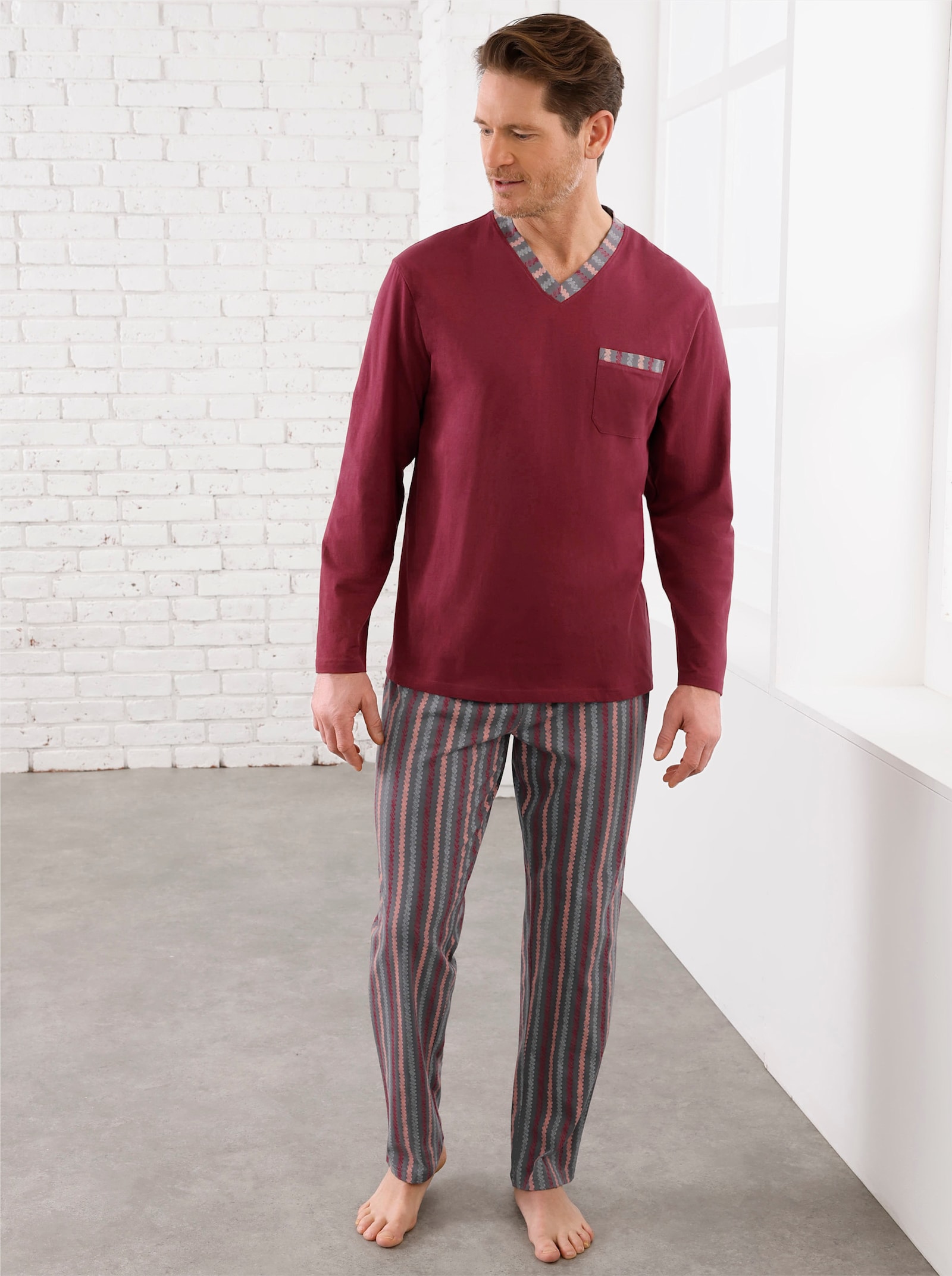 wäschepur men Pyjama's - donkerrood + donkerrood/antraciet bedrukt