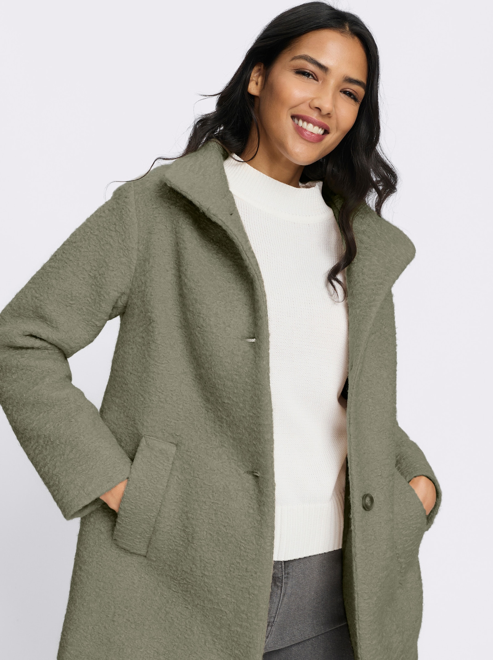 Boucléjacke mit Stehkragen - khaki