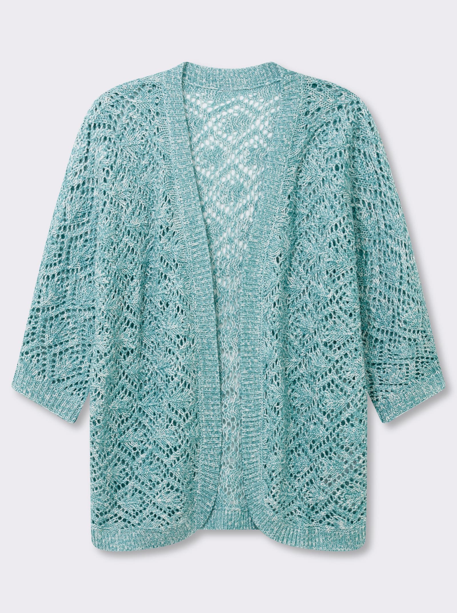 Ajourstrickjacke mit Fledermaus-Ärmeln - ozean-ecru-meliert