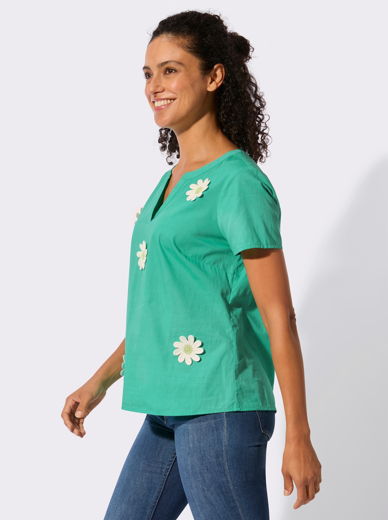 Schlupfbluse mit Blüten-Applikation - blaugrün