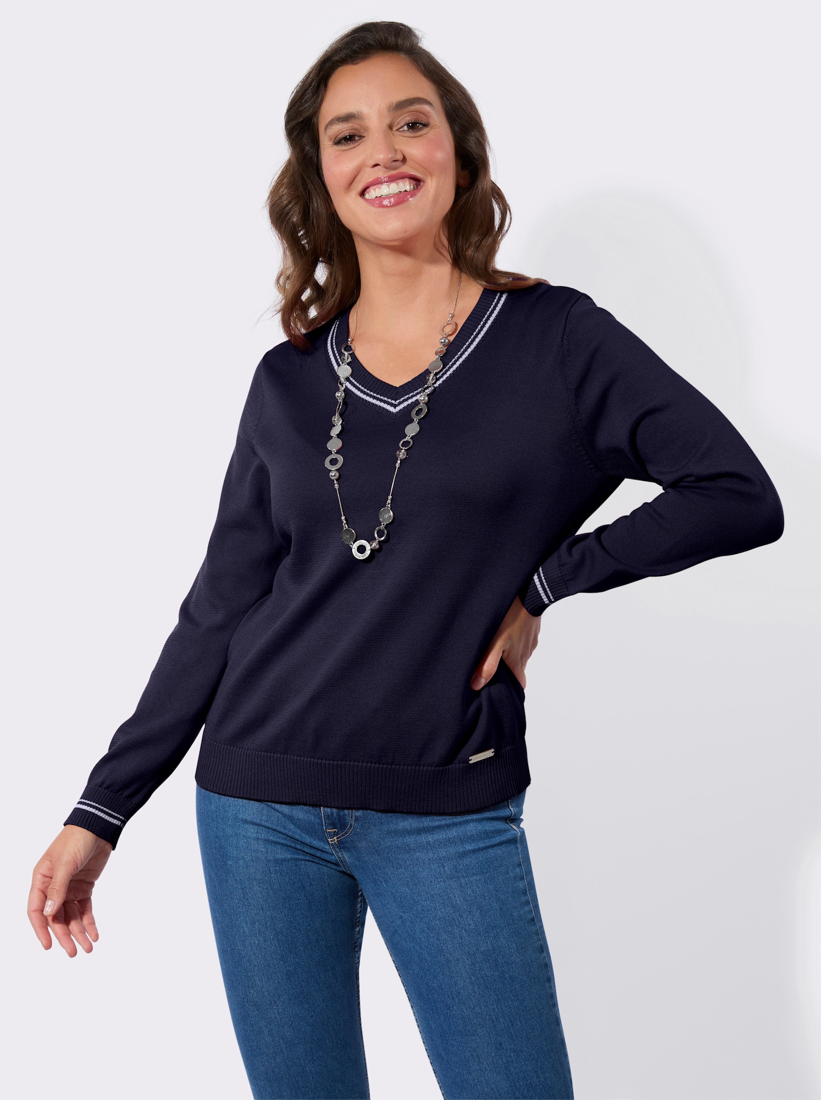 Baumwollpullover mit Kontraststreifen - marine