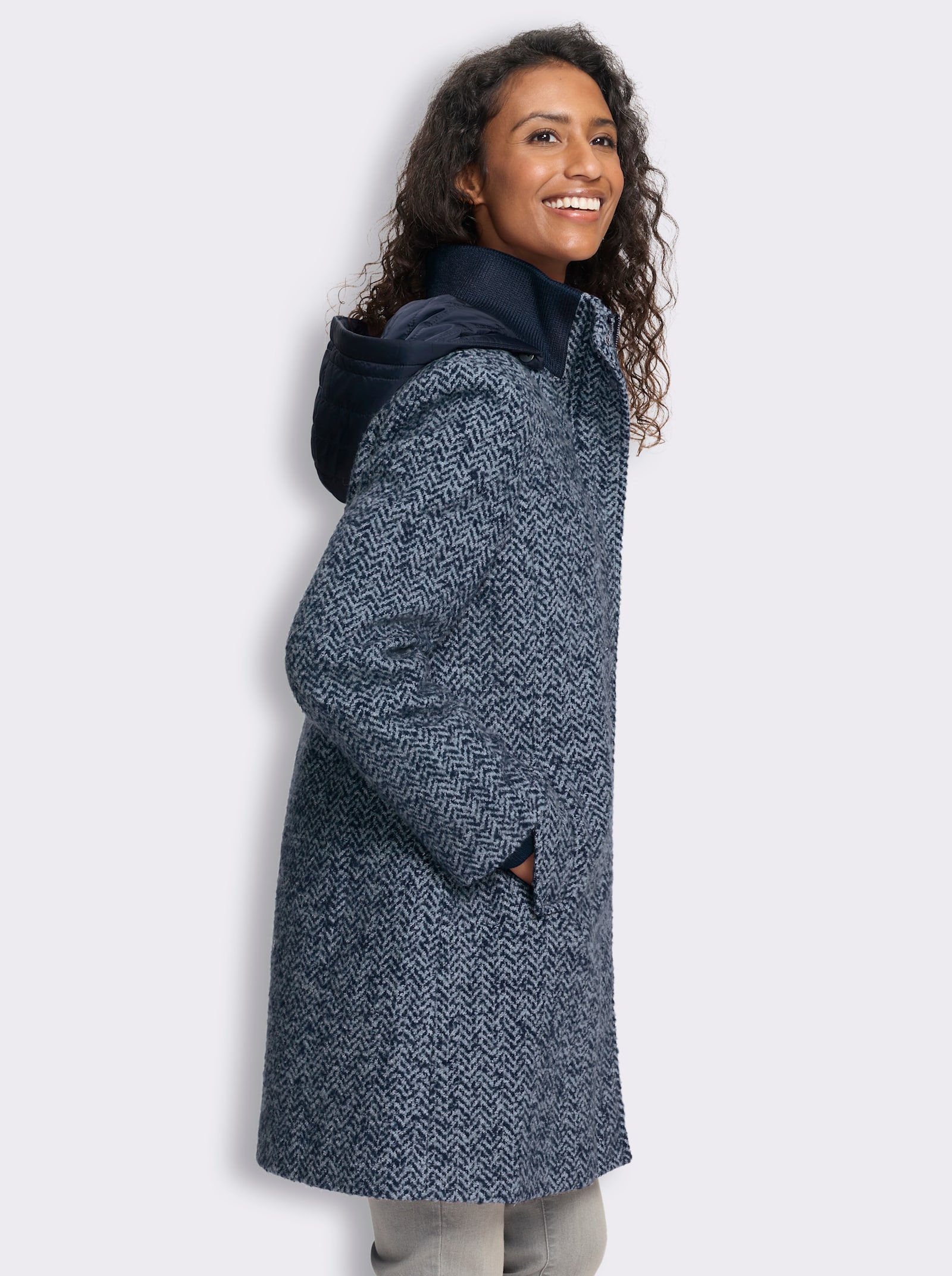 heine Longjacke in Bouclé-Qualität - marine-rauchblau-gemustert