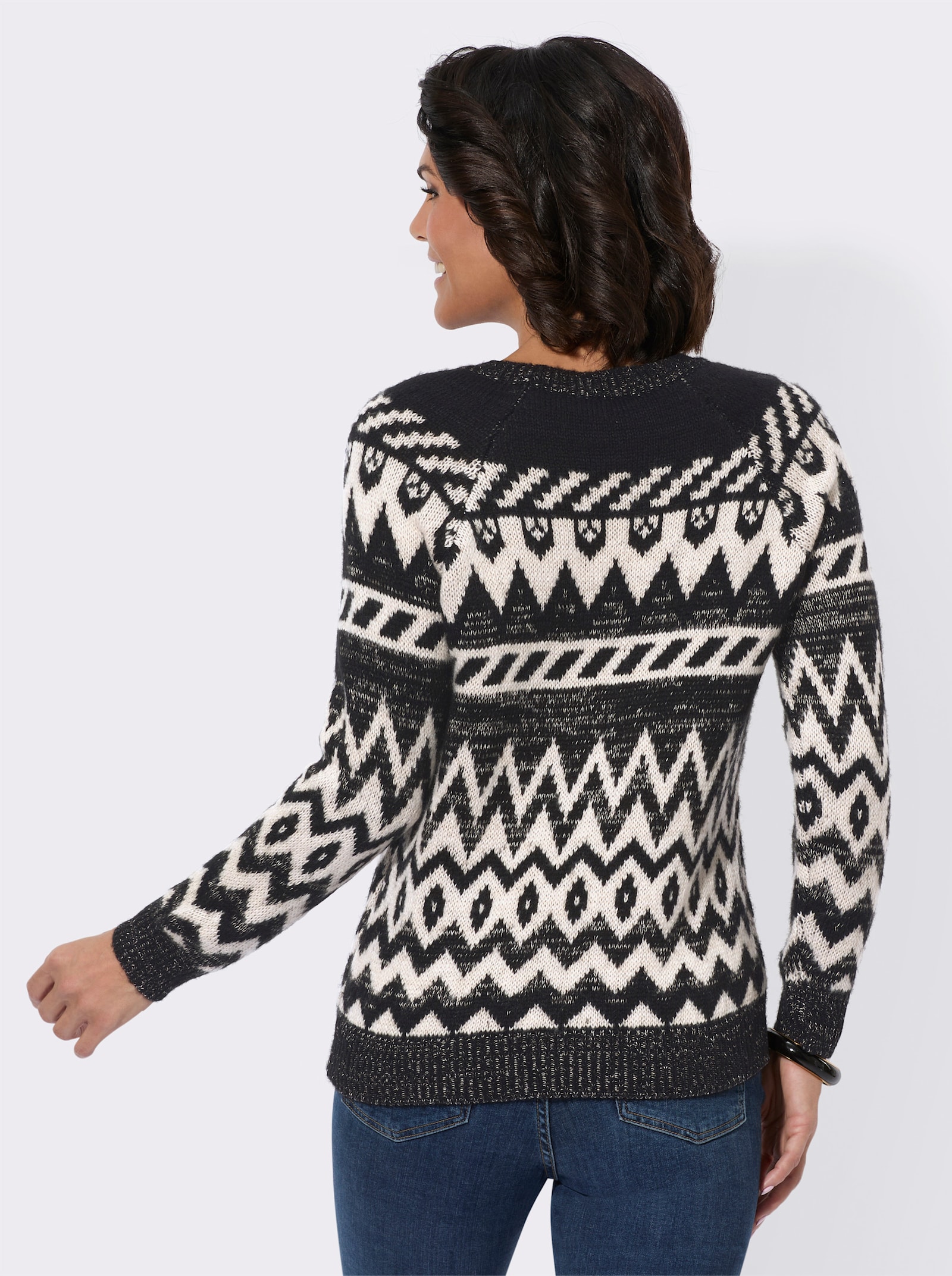Norwegerpullover mit Rundhals-Ausschnitt - elfenbein-schwarz-gemustert