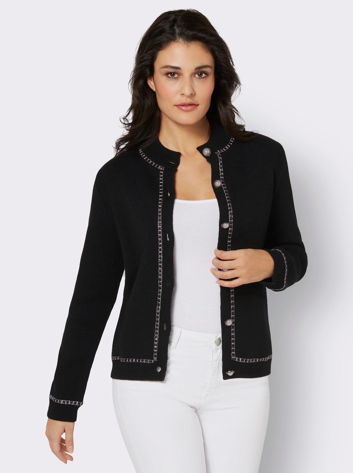 Feinstrickjacke - schwarz-altsilberfarben-gemustert