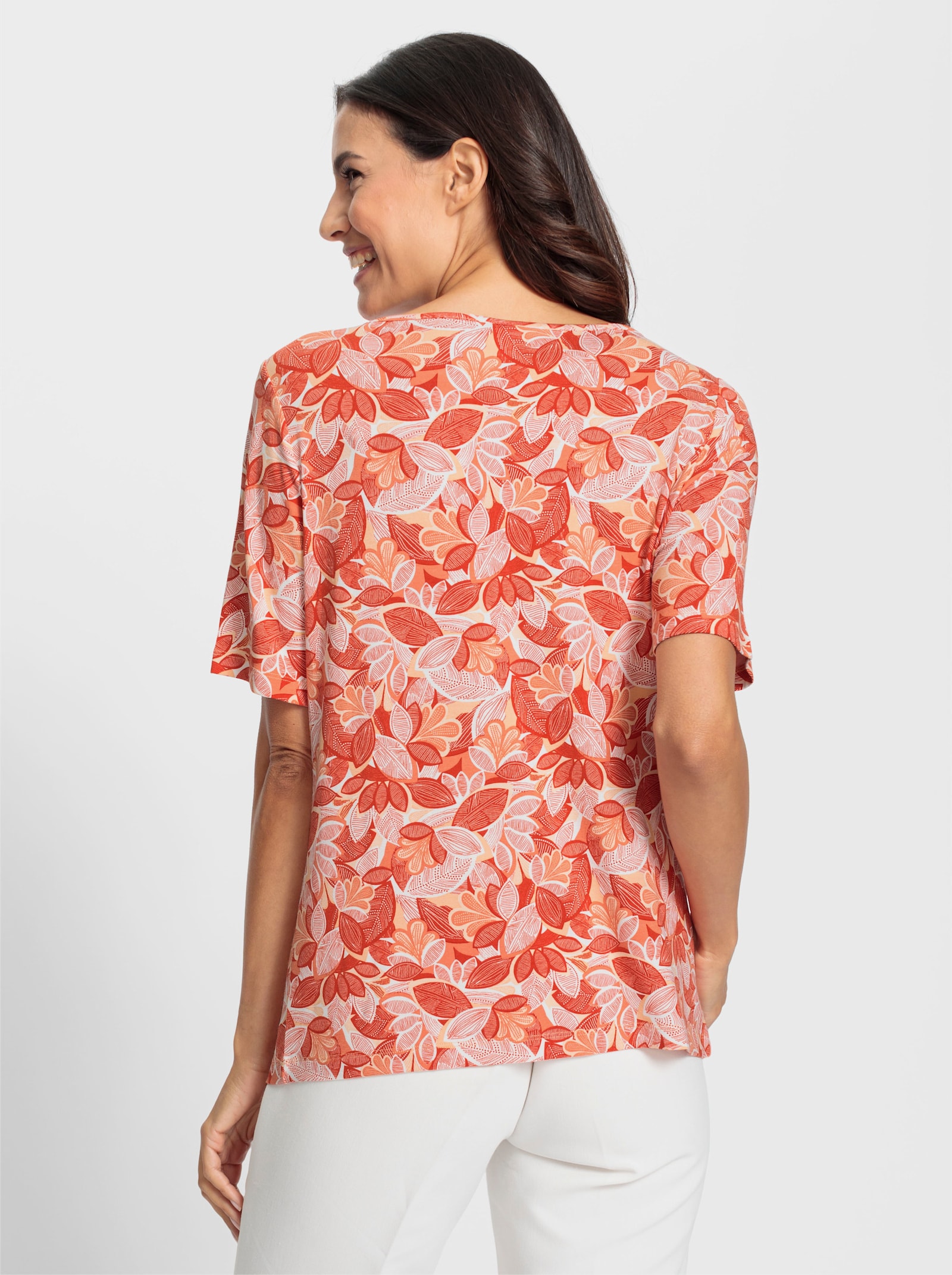 Print-Shirt mit paspeliertem U-Boot-Ausschnitt - papaya-apricot-bedruckt