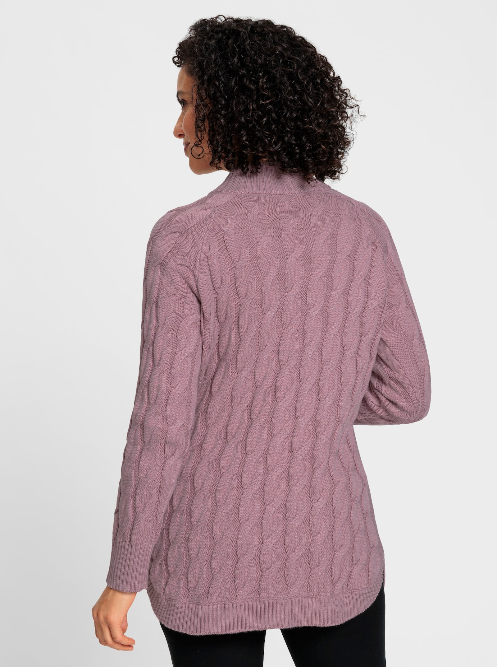 Longstrickjacke mit Zopf-Strickmuster - mauve