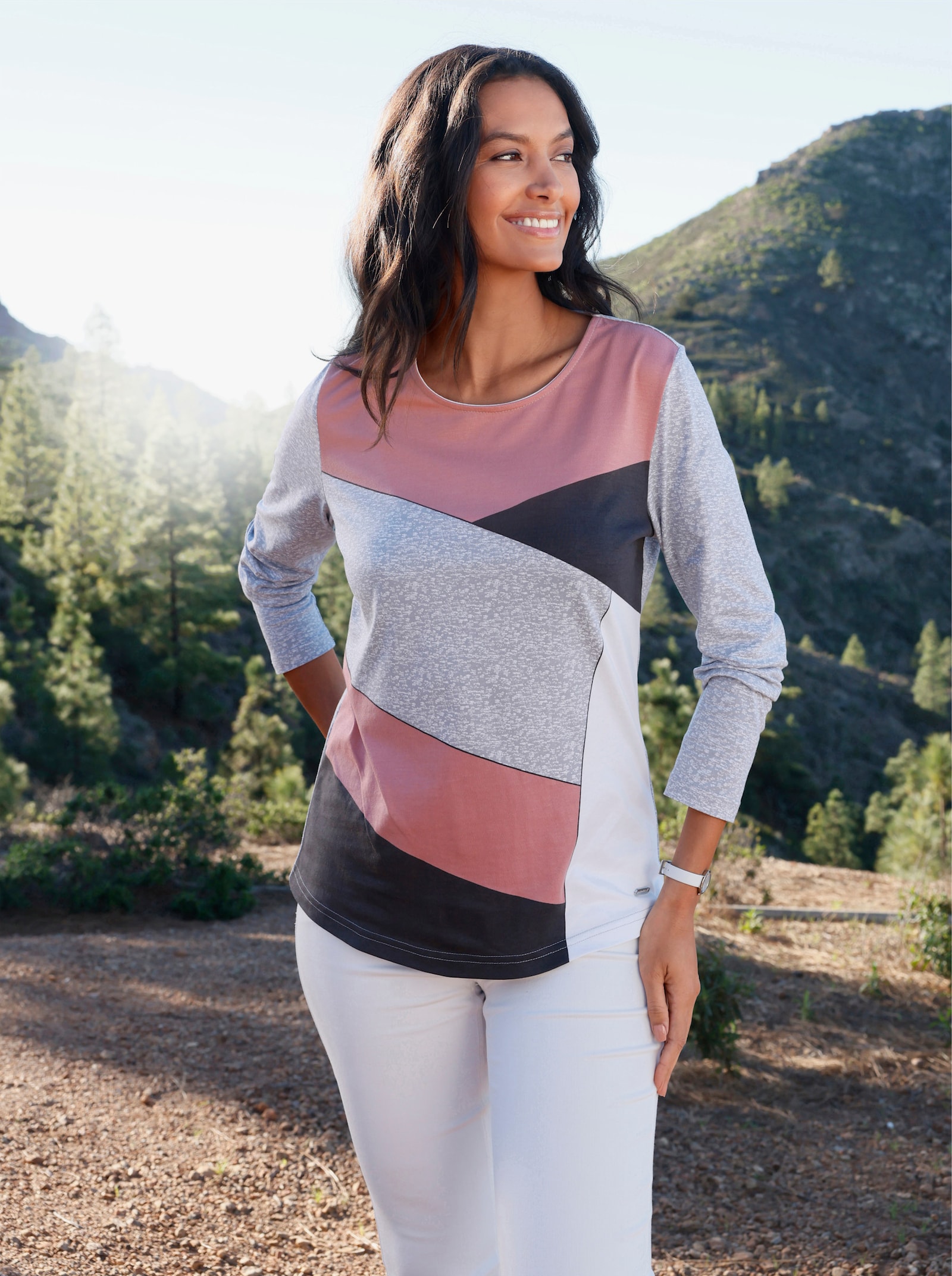 Langarmshirt im Baumwoll-Modal-Mix - steingrau-rosenholz-bedruckt