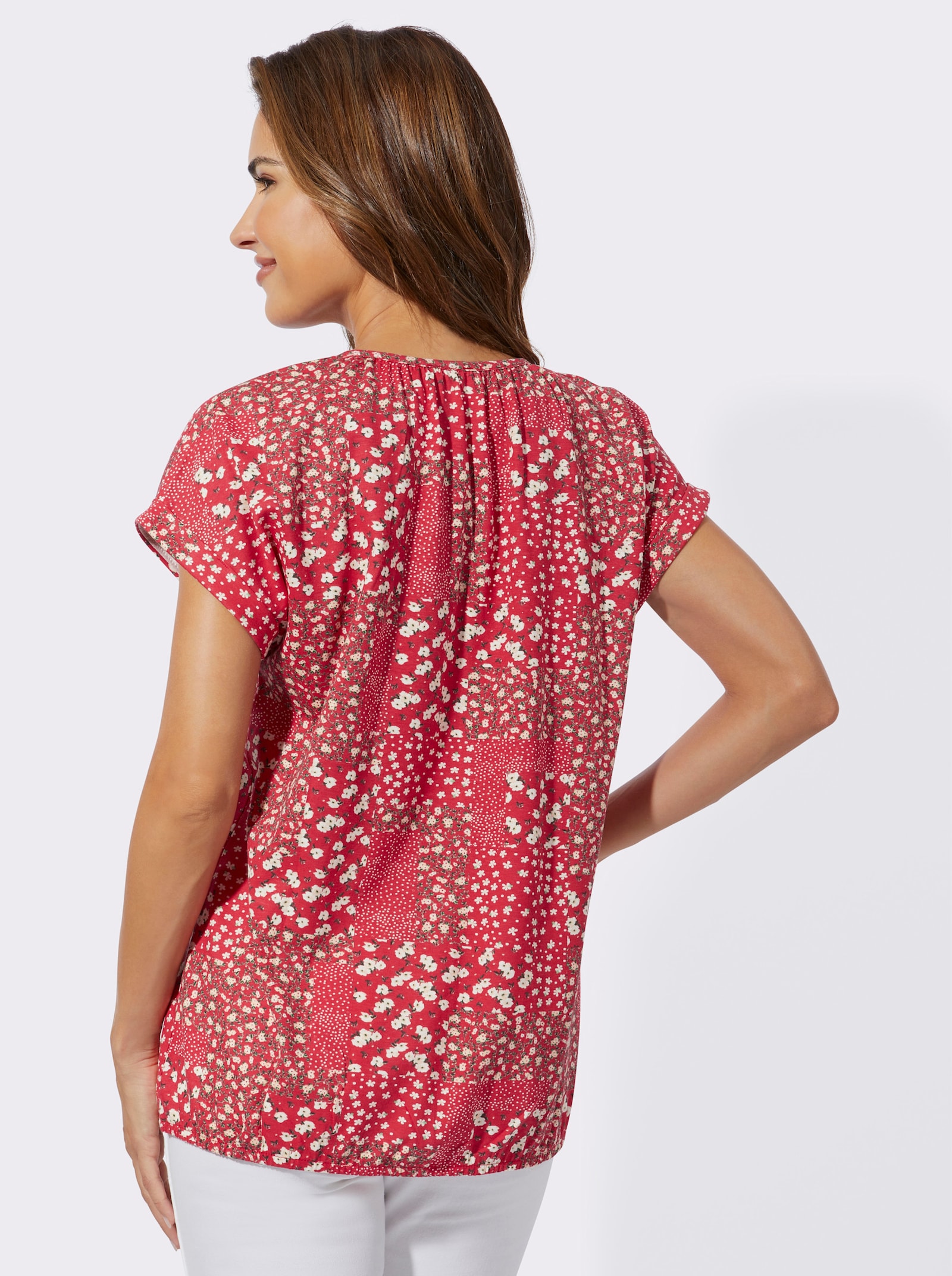 Kurzarmshirt mit Raffung - erdbeere-champagner-bedruckt