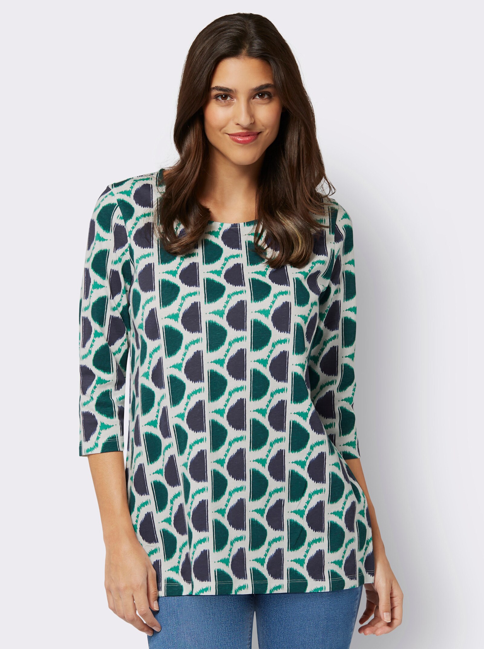  3/4-Arm-Shirt mit Retro-Print - smaragd-marine-bedruckt