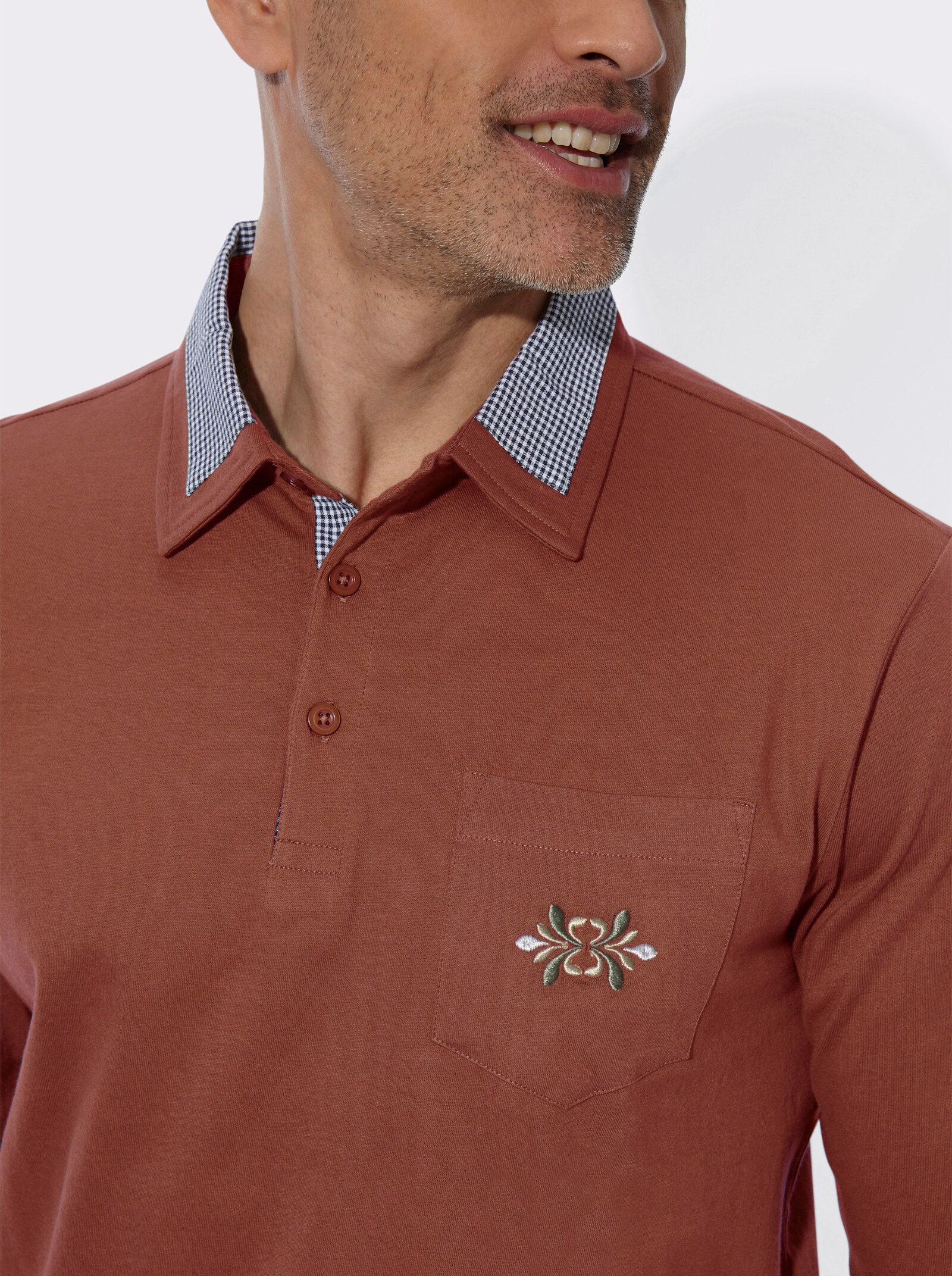 Langarm-Poloshirt mit Webkaro-Details - rotbraun