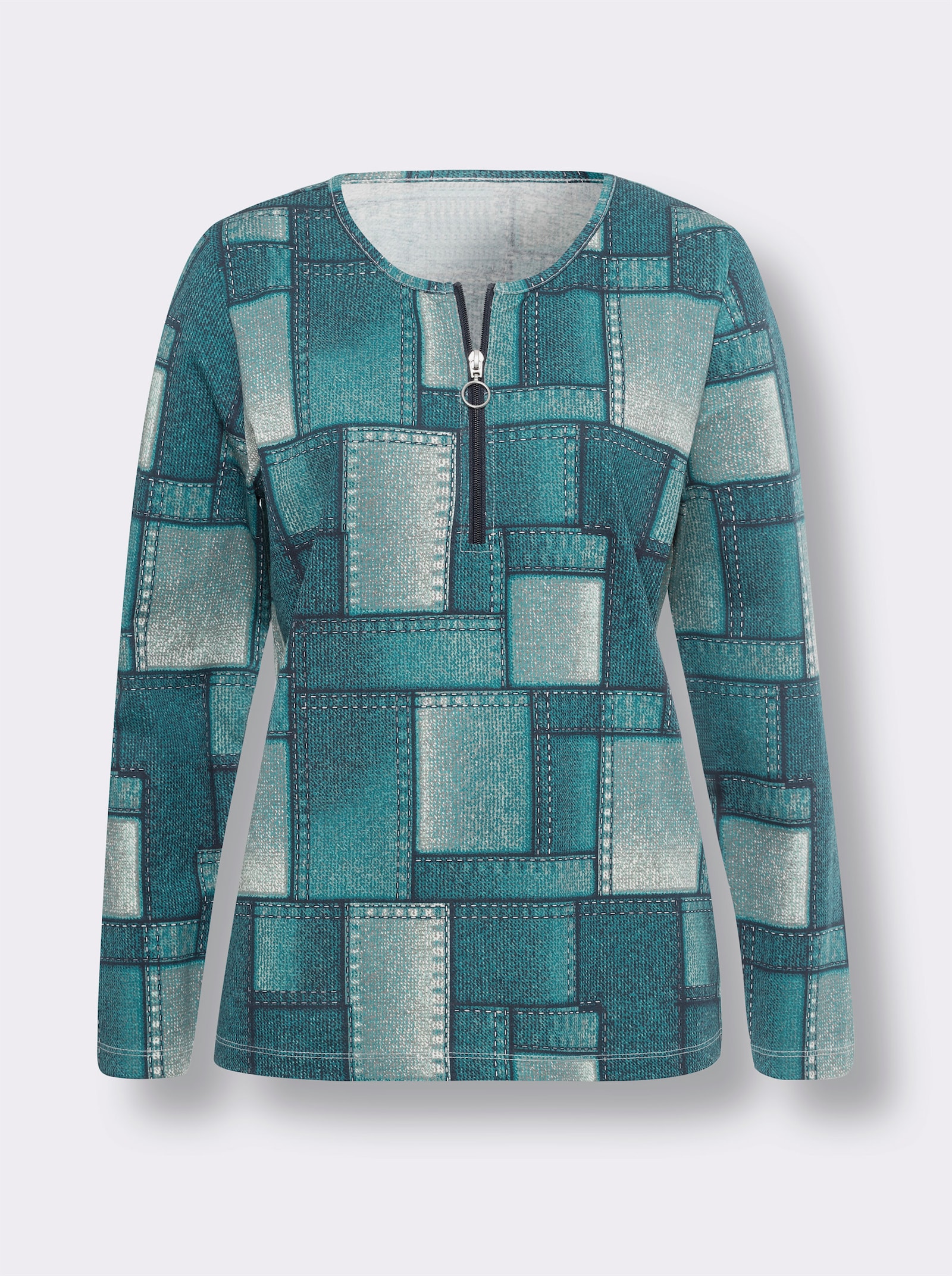 Langarmshirt mit Reißverschluss - aquapetrol-salbei-bedruckt