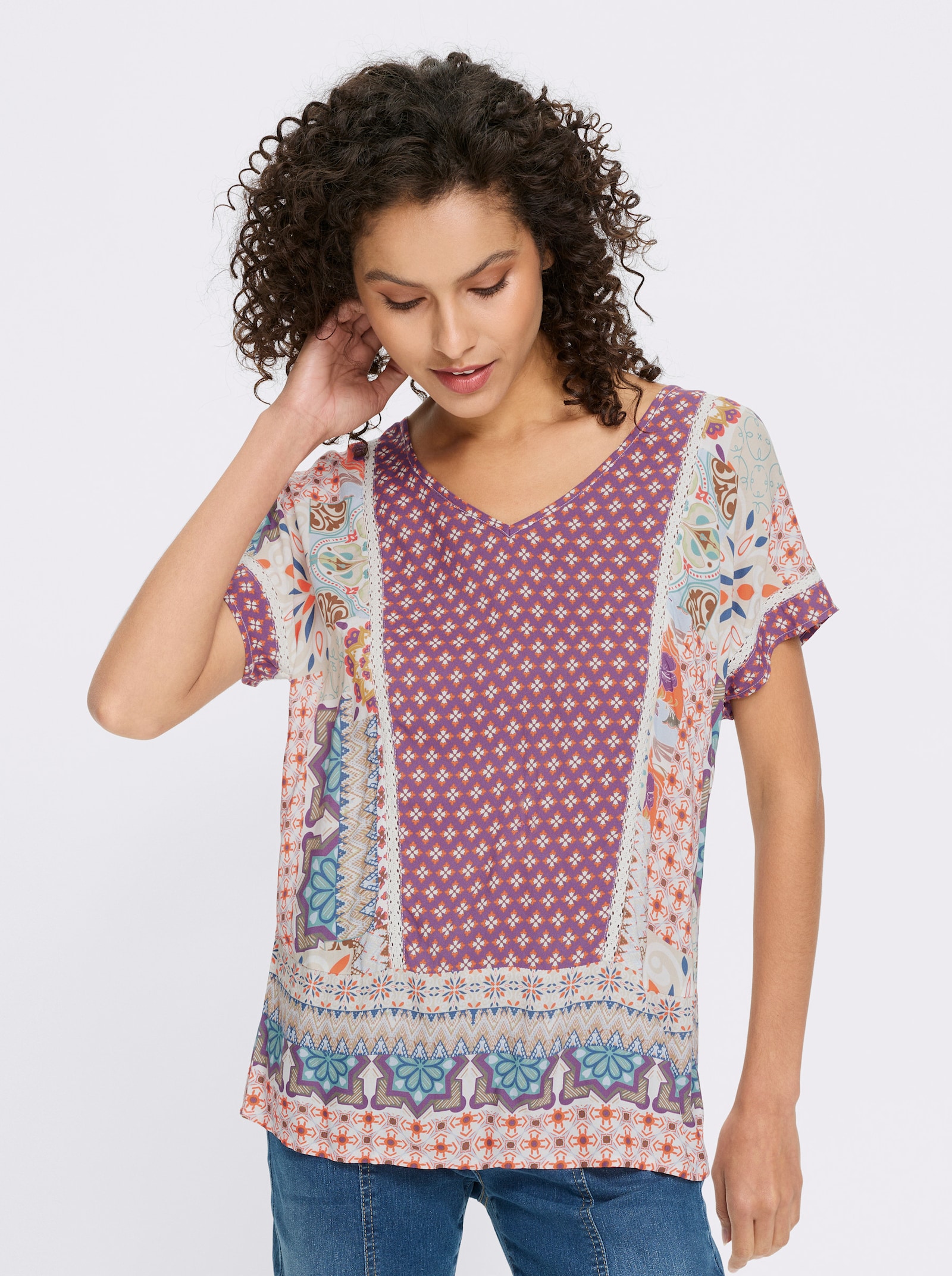 heine Druckbluse in Patch-Optik - terra-lila-bedruckt