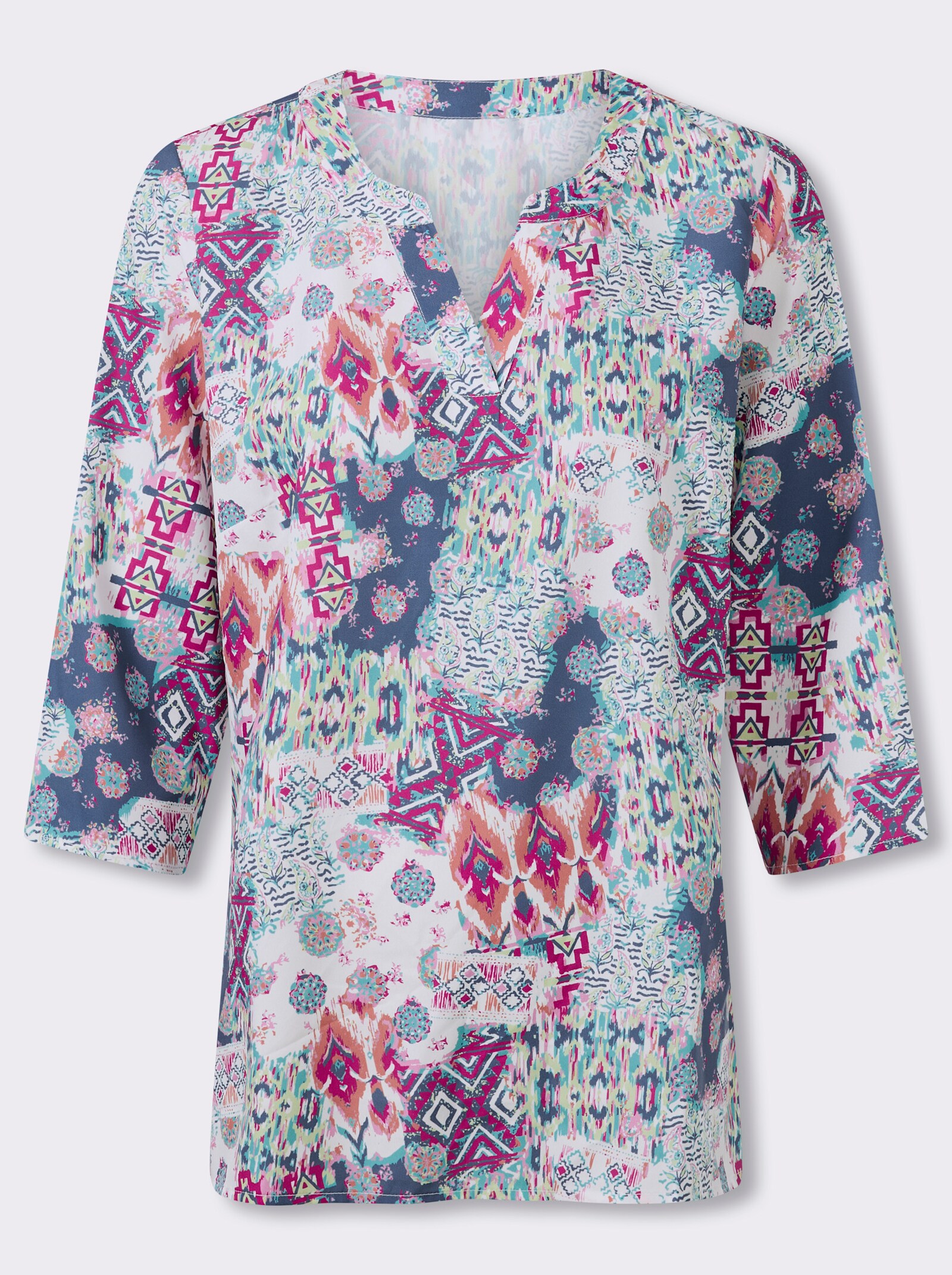 Schlupfbluse mit Patchwork-Muster - jeansblau-magenta-bedruckt