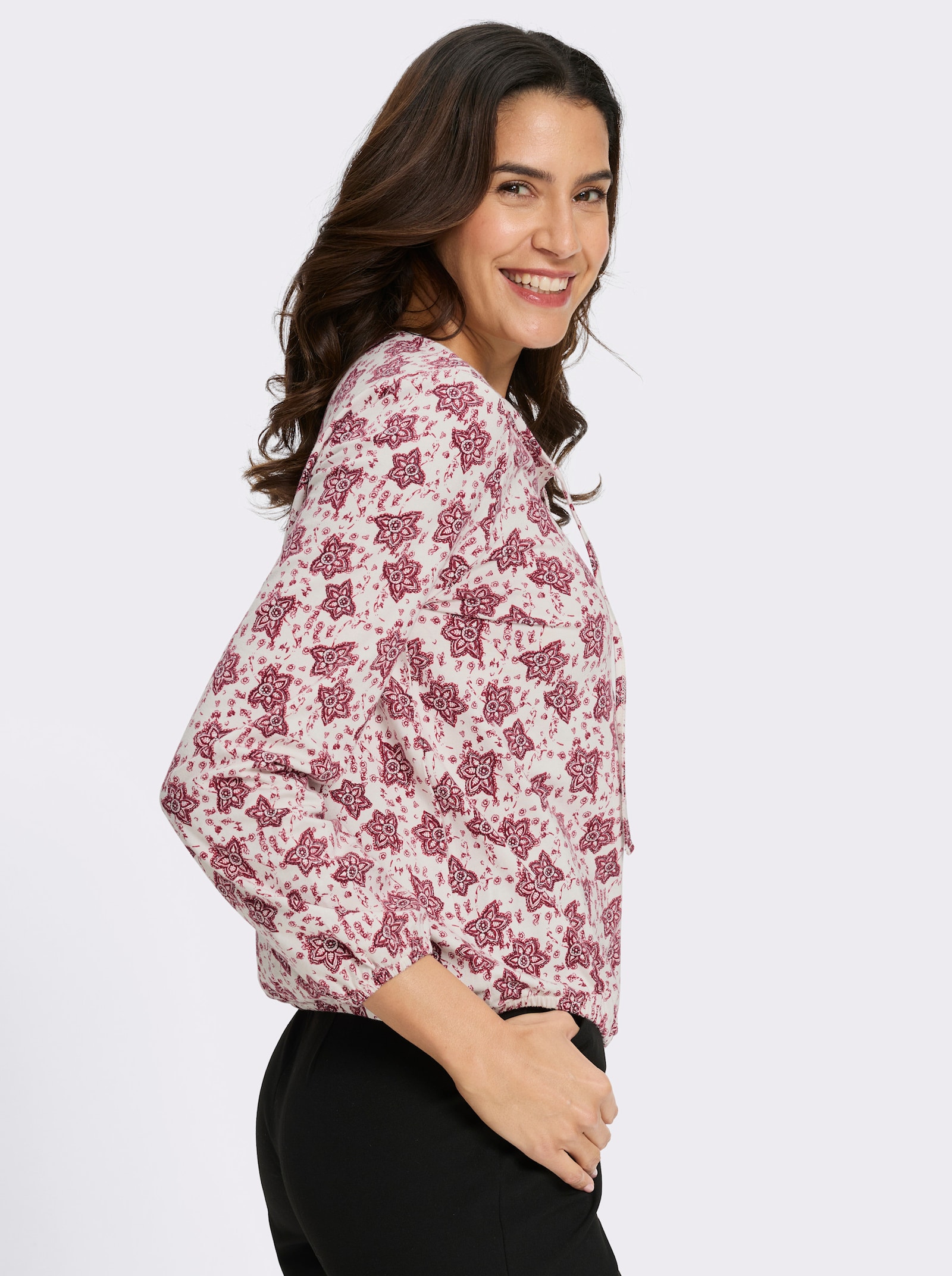 Print-Shirt mit kleinem V - champagner-dunkelrot-bedruckt