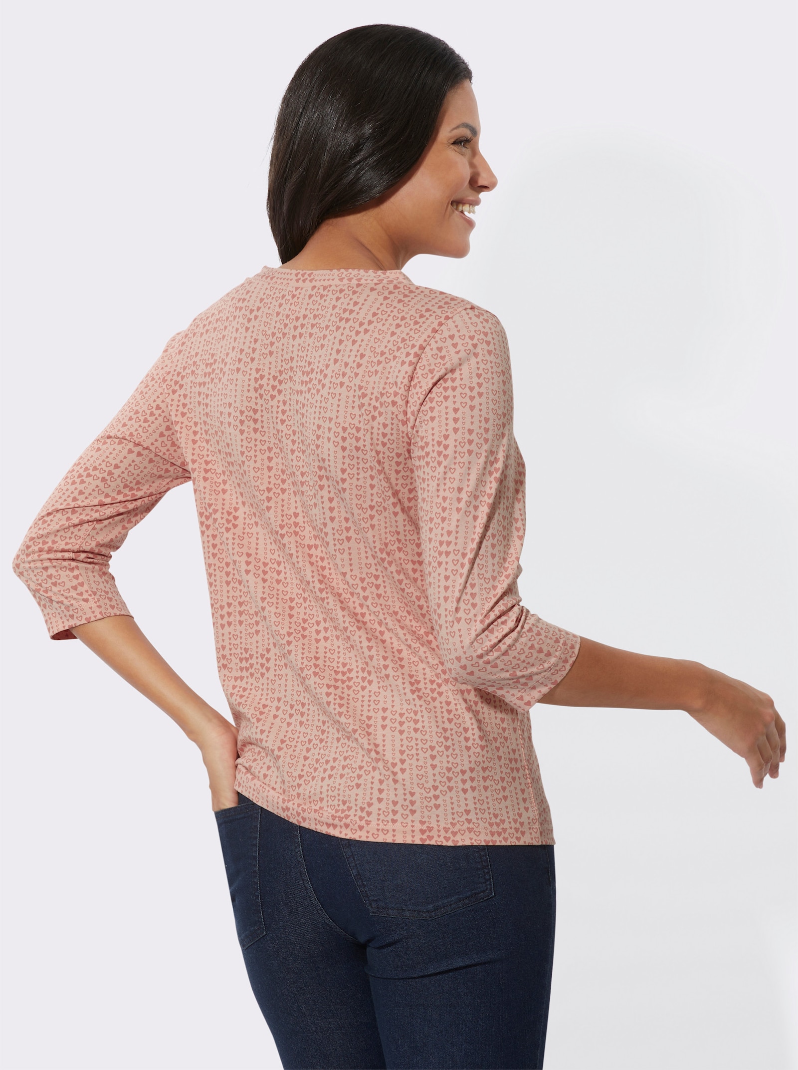 Shirt met 3/4-mouwen en hartjespatroon - poudre/rozenhout bedrukt
