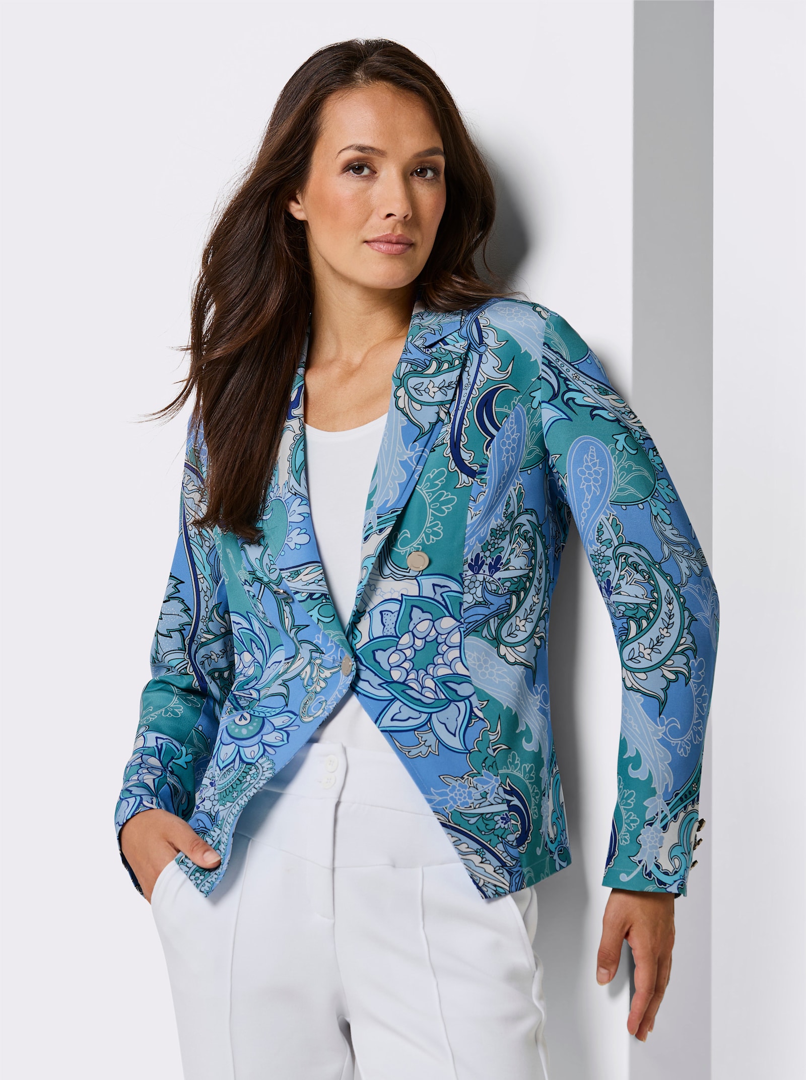 CREATION L PREMIUM Blazer en soie pure et élégante - bleu ciel-bleu glacier imprimé