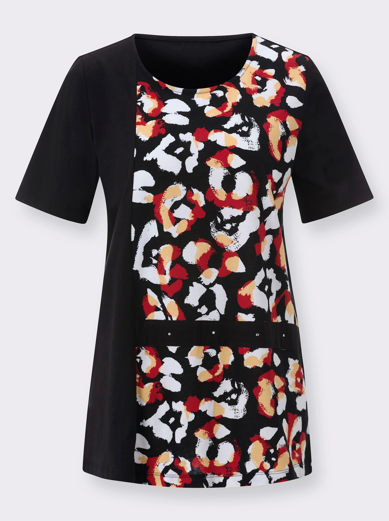 Longshirt im figurumspielenden Schnitt - schwarz-rot-bedruckt