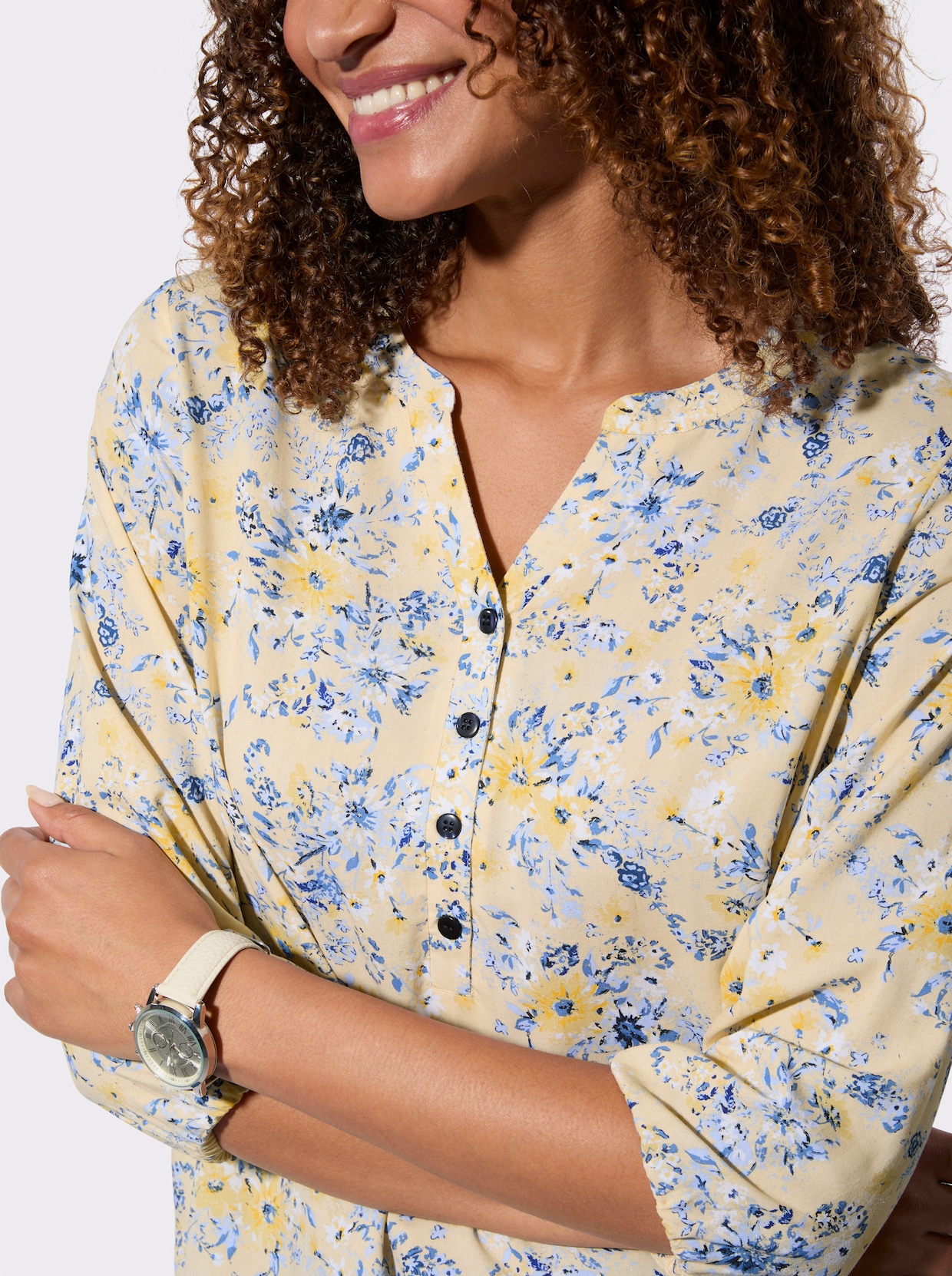 Druckbluse - vanille-rauchblau-bedruckt